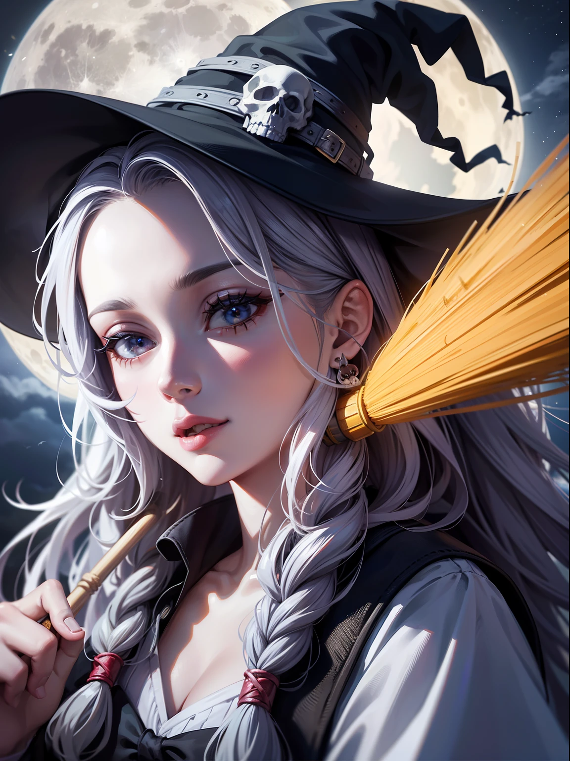 Witch flying in the sky with a broom, A hyper-realistic, 8K, fullmoon, horror scene,Dreadlocks,Skull ornament