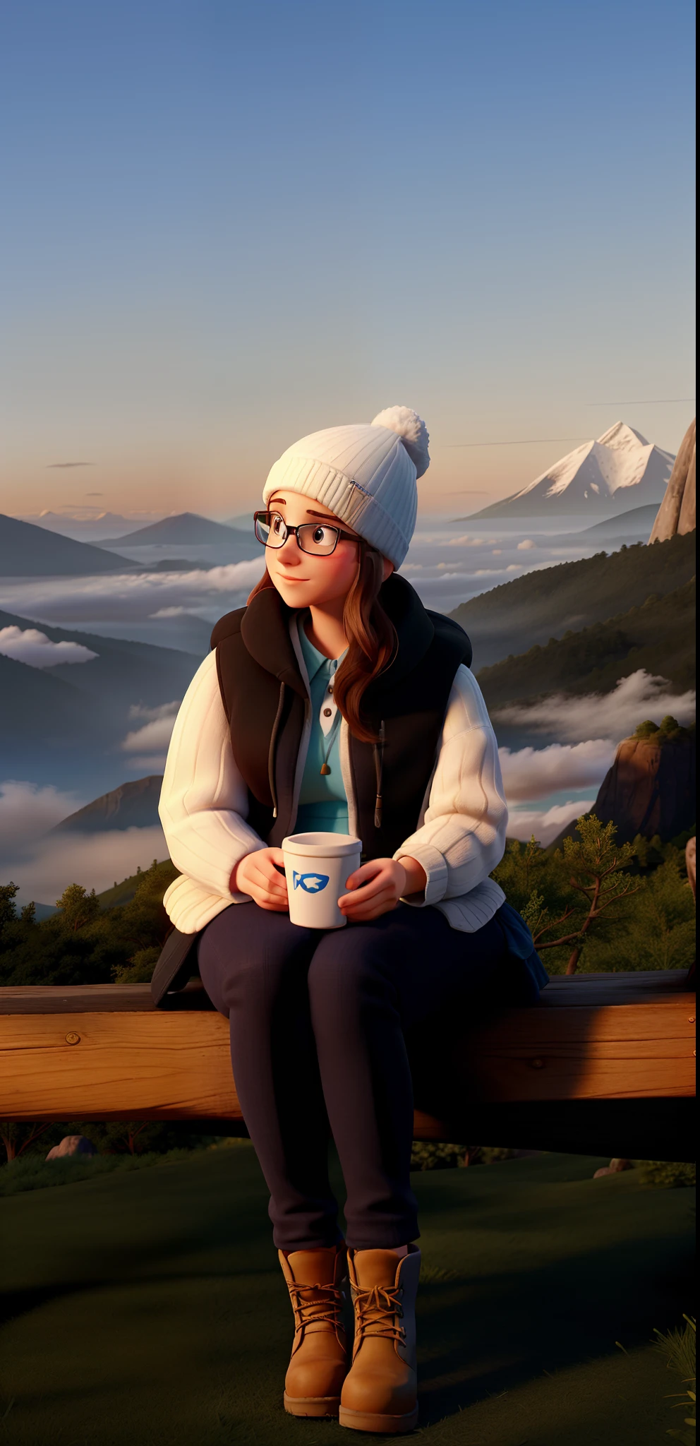 a white woman wearing prescription glasses and a white wool cap on her head, sitting with her legs together and looking to the left of the image, holding a blue cup in her hands, wearing gray hiking boots, on a wooden bench that is on the grass, with a landscape of mountains and valleys covered by clouds in the background,  the scene is illuminated by the light of the sunset