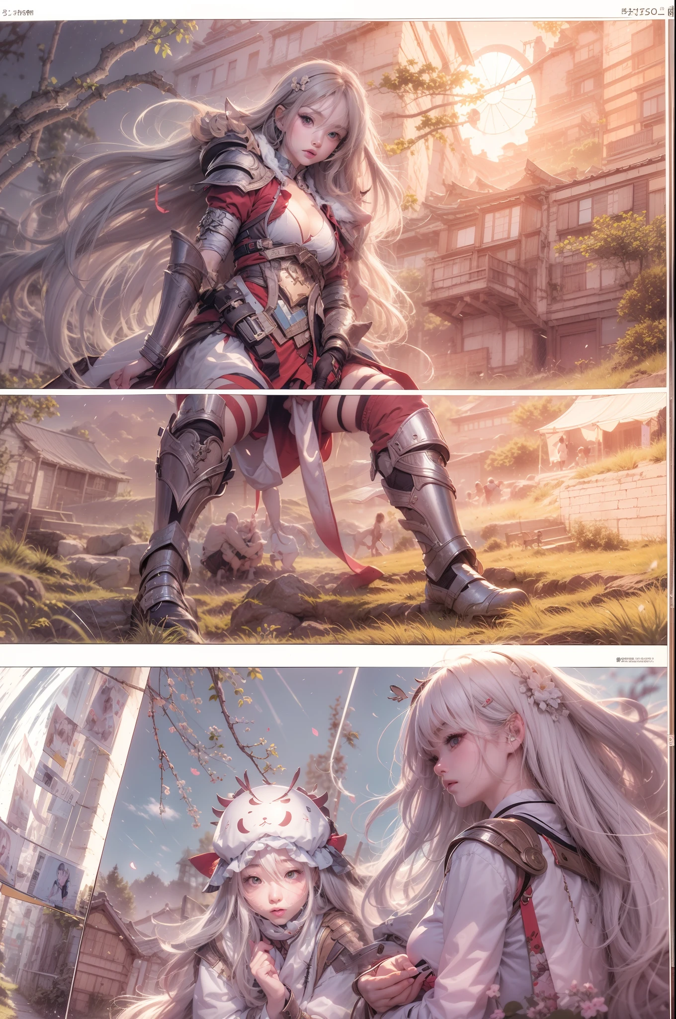 Comic storyboard:1.8, Comic layouts, 1girl and 1man wearing a warrior armor, japanese realistic manga style, best quality, masterpiece collection, 8k reaolution, inspiring digital artwork