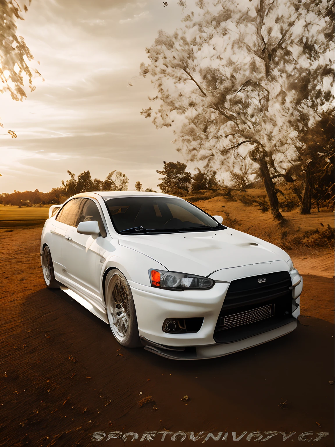 a close up of a white car parked on a dirt road, vehicle, pristine and clean, full car, versatile, 2263539546], with a white muzzle, full - body - front - shot, 2012, 2 0 1 2, new vehicle, matte white paint, front lit, ready, front profile shot, Mitshubishi Lancer Evo