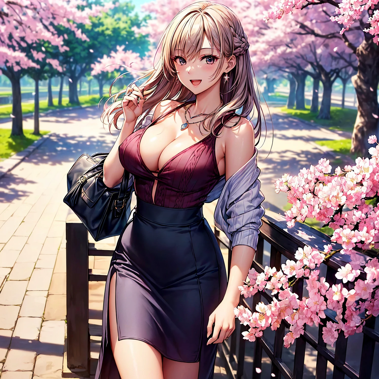 (top-quality、masterpiece、very high res、An ultra-high picture quality、High quality pixels)、(She is a woman of perfect and ultimate beauty, and she is 18 years old,1 person,Single,独奏:1.5)、(She is a very beautiful woman with a beautiful face)、(Beautiful face written in detail,Beautiful body,Beautiful hair,Beautiful skin texture)、(Beautiful hair quality,Variety of hairstyles)、(She has a slender figure and her breasts are F cups)、(Beautiful smile,Smile, Open mouth,),(Sweaters,pleatedskirt,1 diamond necklace,1 handbag,Shoulders are exposed),(A path lined with flourishing cherry blossom trees,Cherry blossoms in full bloom),(Model Pose,modelshoot,Magazine shooting),The wind is blowing、Beautiful Art Style, an animated character、(The whole picture、Detailed picture、accurate anatomy、Defect-free images、extremely detailed picture、Accurate images、Perfect Image 1.5)、(Best Shot Photo 1.2)