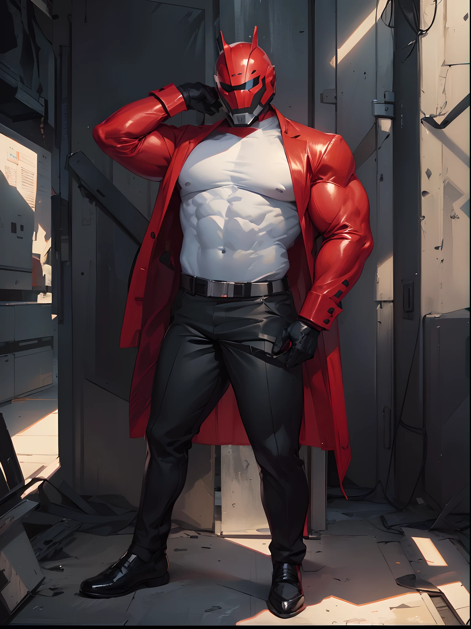 Muscular male, big muscular male, faceless, faceless male, helmet covering all of face, futuristic helmet, wearing casual white office suit, black casual longpants, black pantofel shoes, abandoned room background
