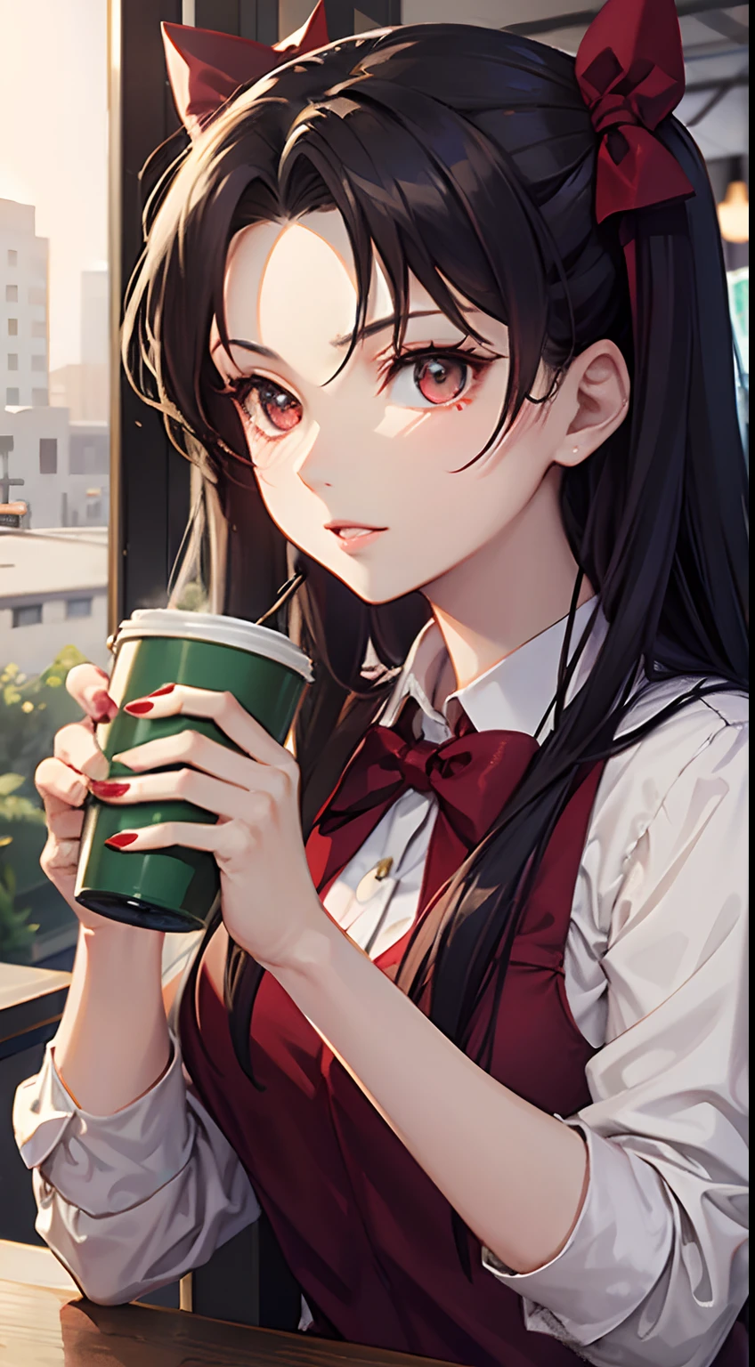 Rin tohsaka, holding a coffee cup, starbuck background, cafe, close up, potrait, detailed face, pov