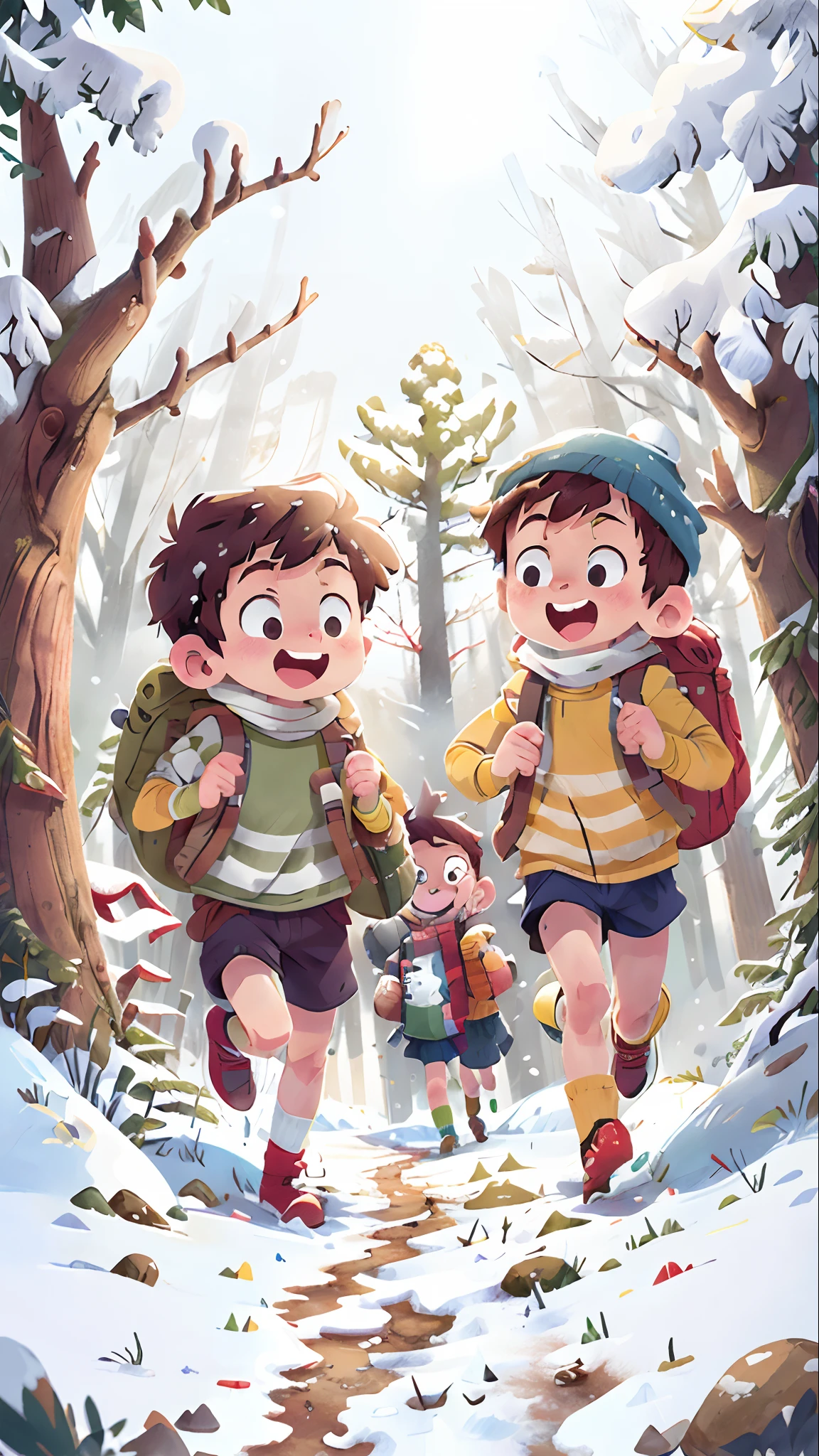 Poster design,(sfw),Two running boys,Winter outing,cheerfulness,Carrying a rucksack,The background is forest,snow landscape,snowfield,snowflower,nevando,Perfect quality,Clear focus,extremely colorful,s the perfect face,Complicated details,ultra-low perspective,wide wide shot
