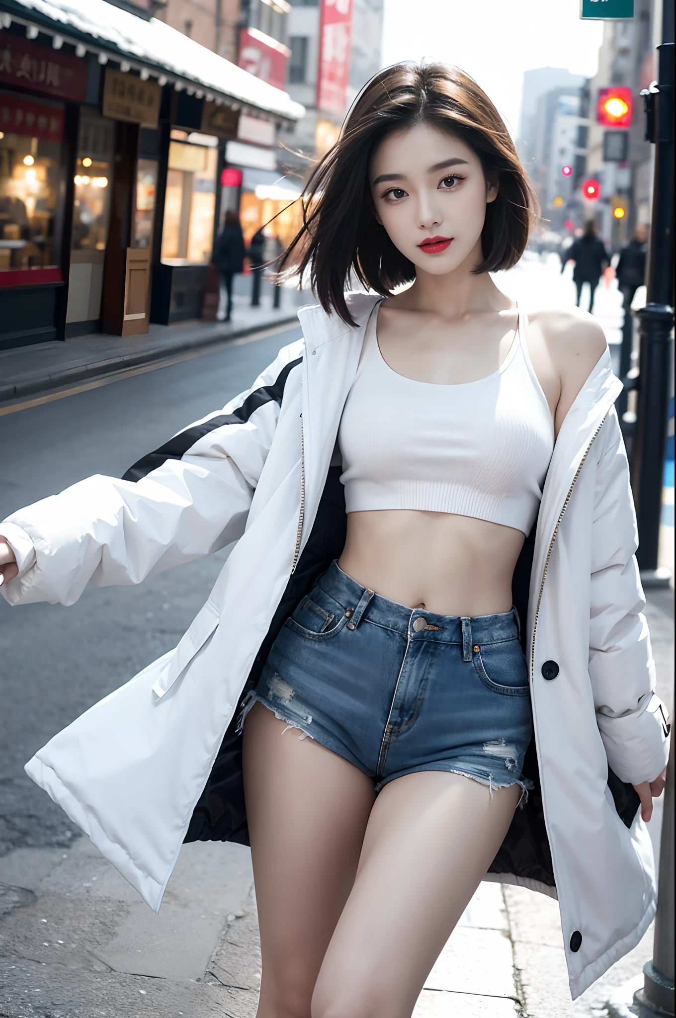 best quality, 4k, 8k, Detailed faces, clear face, pretty girls, Korean makeup, Red lips, laugh, perfect body,shoulder length straight short black hair,small breasts,thigh,slim,thin, The girl wears a long and wide coat, Underneath the jacket was a toptube and tight short shorts, lower abdomen, Snowscape, winter, street,