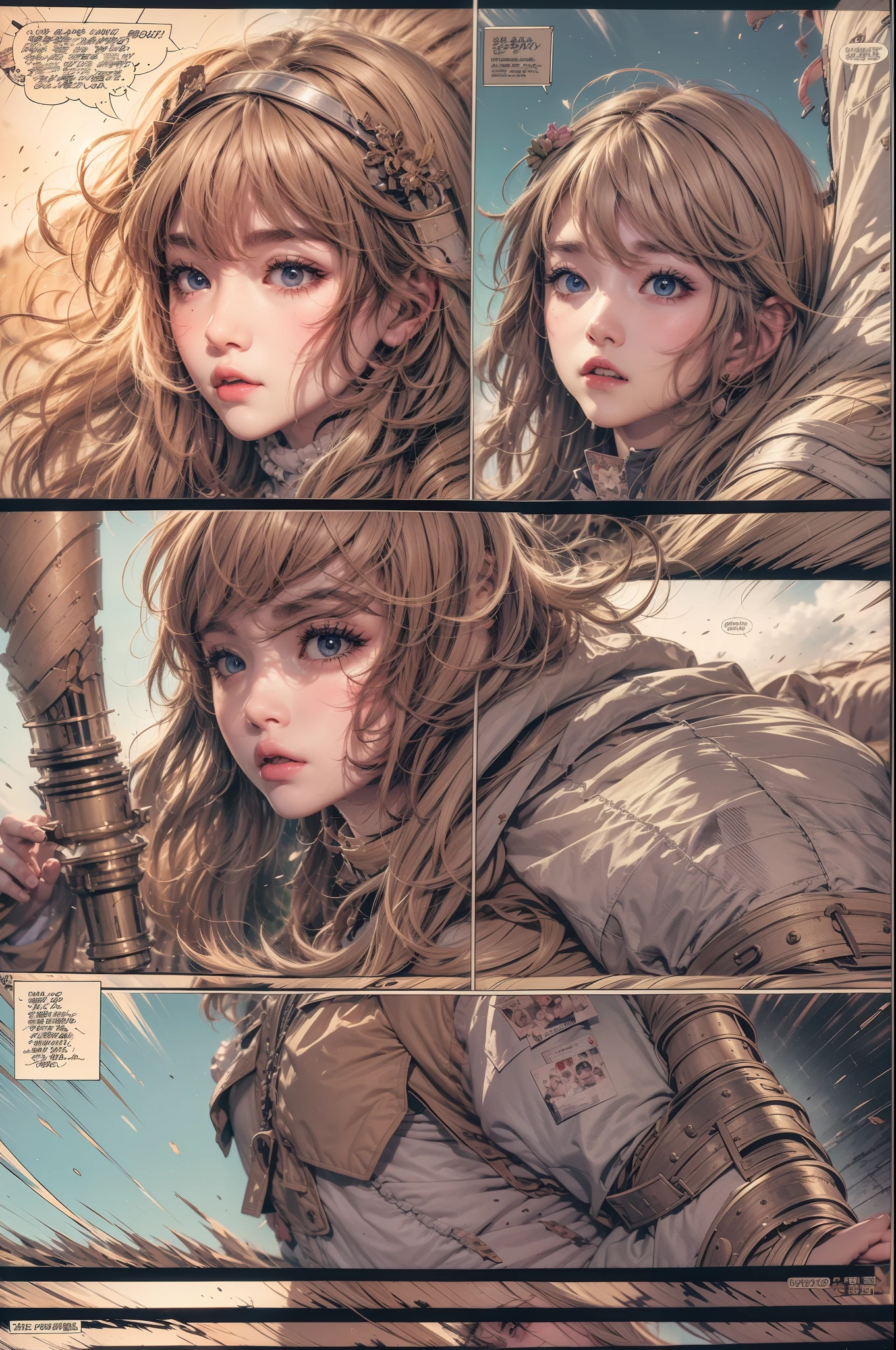 Comic storyboard:1.8, Comic layouts, 1girl and 1man wearing a warrior armor, japanese realistic manga style, best quality, masterpiece collection, 8k reaolution, inspiring digital artwork