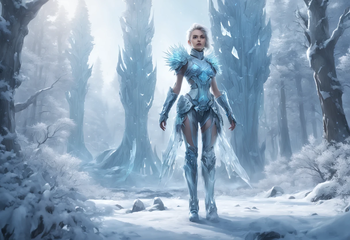 Futuristic transparent mechanical girl standing in a snowy forest, Arte conceitual de inverno, Snow and ice forest,The trees are full of ice flowers,Ice Mage, 4K fantasy art, 4K detailed digital art, ·, 4k highly detailed digital art, artgerm detailed, Ice crystal armor,dyna,lute,hdr,hyperrealistic fantasy art,Epic digital fantasy art style,Beautiful sci-fi art, Science-fi digital art illustration,science fiction digital painting, futuristic digital painting, futuristic concept art, In front of a landscape of snow-capped sci-fi pine trees and ice flowers, science fiction digital art, Fantastic transparent ethereal girl
