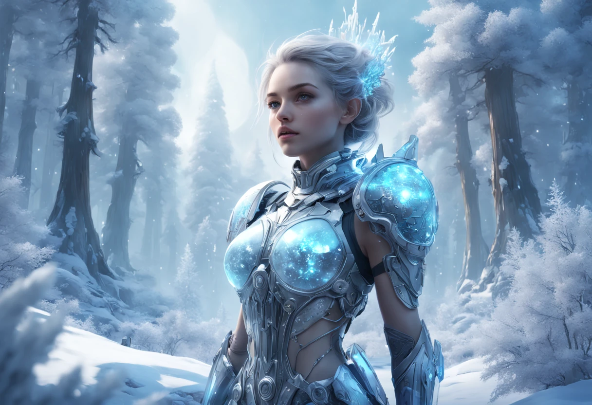 Futuristic transparent mechanical girl standing in a snowy forest, Arte conceitual de inverno, Snow and ice forest,The trees are full of ice flowers,Ice Mage, 4K fantasy art, 4K detailed digital art, ·, 4k highly detailed digital art, artgerm detailed, Ice crystal armor,dyna,lute,hdr,hyperrealistic fantasy art,Epic digital fantasy art style,Beautiful sci-fi art, Science-fi digital art illustration,science fiction digital painting, futuristic digital painting, futuristic concept art, In front of a landscape of snow-capped sci-fi pine trees and ice flowers, science fiction digital art, Fantastic transparent ethereal girl