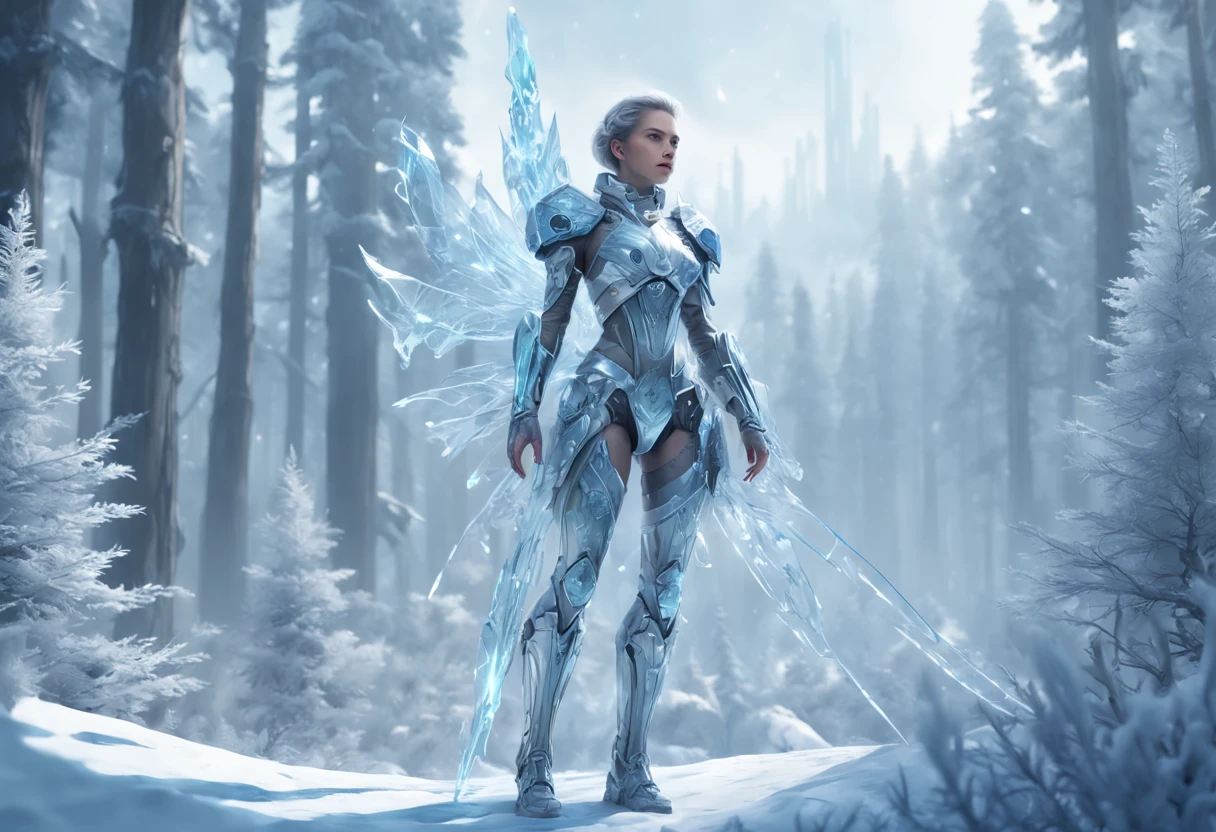 Futuristic transparent mechanical girl standing in a snowy forest, Arte conceitual de inverno, Snow and ice forest,The trees are full of ice flowers,Ice Mage, 4K fantasy art, 4K detailed digital art, ·, 4k highly detailed digital art, artgerm detailed, Ice crystal armor,dyna,lute,hdr,hyperrealistic fantasy art,Epic digital fantasy art style,Beautiful sci-fi art, Science-fi digital art illustration,science fiction digital painting, futuristic digital painting, futuristic concept art, In front of a landscape of snow-capped sci-fi pine trees and ice flowers, science fiction digital art, Fantastic transparent ethereal girl