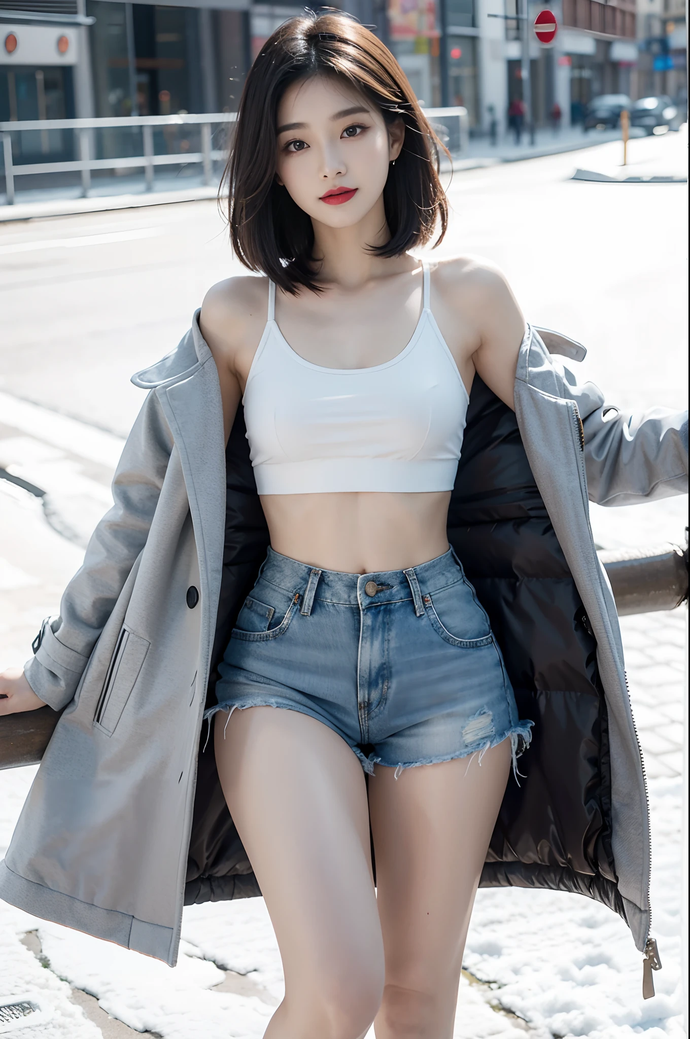 best quality, 4k, 8k, Detailed faces, clear face, pretty girls, Korean makeup, Red lips, laugh, perfect body,shoulder length straight short black hair,small breasts,thigh,slim,thin, The girl wears a long and wide coat, Underneath the jacket was a toptube and tight short shorts, lower abdomen, Snowscape, winter, street,