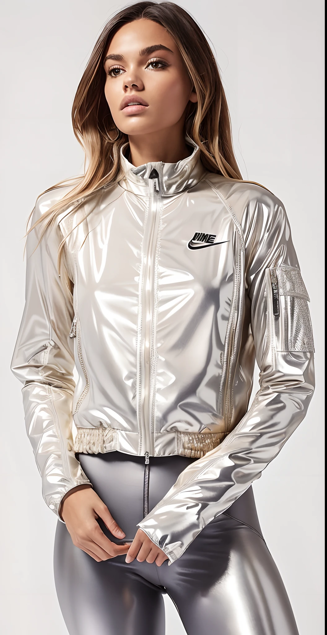 Uma mulher com uma jaqueta branca e leggings cinzas posa para uma foto, suit jacket, jaqueta esportiva, white jacket, jaqueta curta, translucent body, desgaste sutil - e - rasgo, corpo transparente, INSPO, Metal Refletivo, jaqueta sobre tronco nu, skin reflective metallic, Fato de ciclismo Nike, Reflective metal, encapuzado, roupas esportivas, jaqueta bomber, roupas esportivas, wearing jacket
