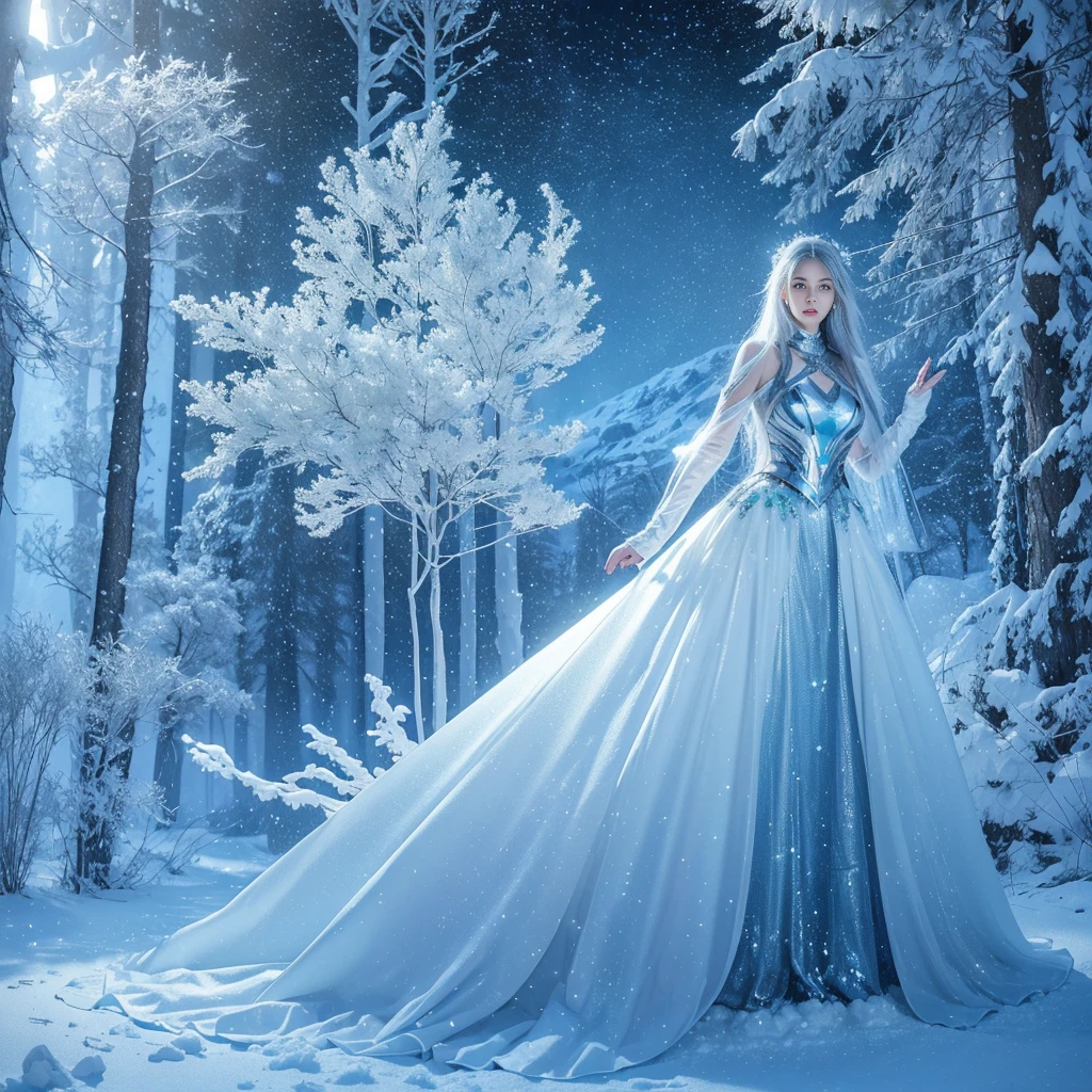 Futuristic transparent mechanical girl standing in a snowy forest, Arte conceitual de inverno, Snow and ice forest,The trees are full of ice flowers,crystal maiden, 4K fantasy art, 4K detailed digital art, ·, 4k highly detailed digital art, artgerm detailed, Ice crystal armor,dyna,lute,hdr,hyperrealistic fantasy art,Epic digital fantasy art style,Beautiful sci-fi art, Science-fi digital art illustration,science fiction digital painting, futuristic digital painting, futuristic concept art, In front of a landscape of snow-capped sci-fi pine trees and ice flowers, science fiction digital art, Fantastic transparent ethereal girl