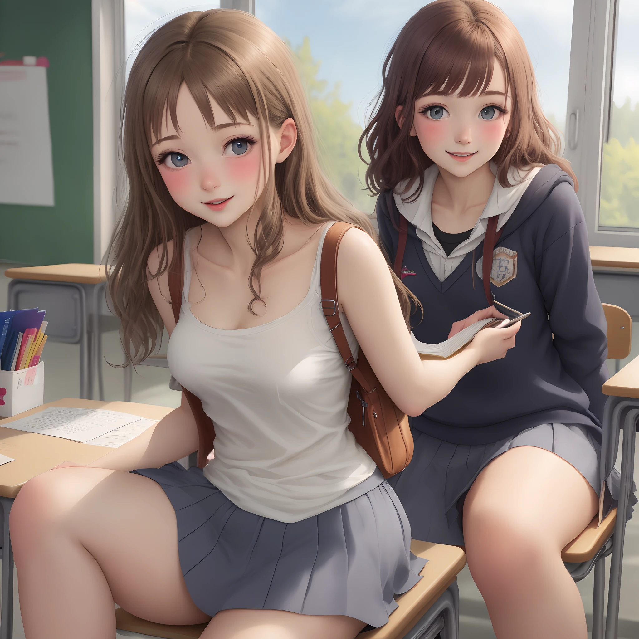 Ultra realistic 16 years old, two girls, obra maestra, mejor calidad, alta calidad, defined, detailed, HD, (piel morena), ojos definidos, ojos cafes intensos, long eyelashes, small mouth, sonrisa, :D, very long hair, pelo liso, pelo oscuro, cuerpo reducido, bosom barely contained, big breasts, sexy, posando foto, estudio, mini skirt rosa, sin sostenes, no bra, excitada, pezones erectos, libros, sentada, leyendo, nice view, full body, nice body, pink, camisa blanca, camisa ajustada, abierto, mojada, sudada, caliente, tight, sonrojada, nice legs, no socks, sin flequillo, peinada hacia atras, teacher big breasts, pose lasciva, girl changing clothes, petites, no skirts, bikinis, showing butt