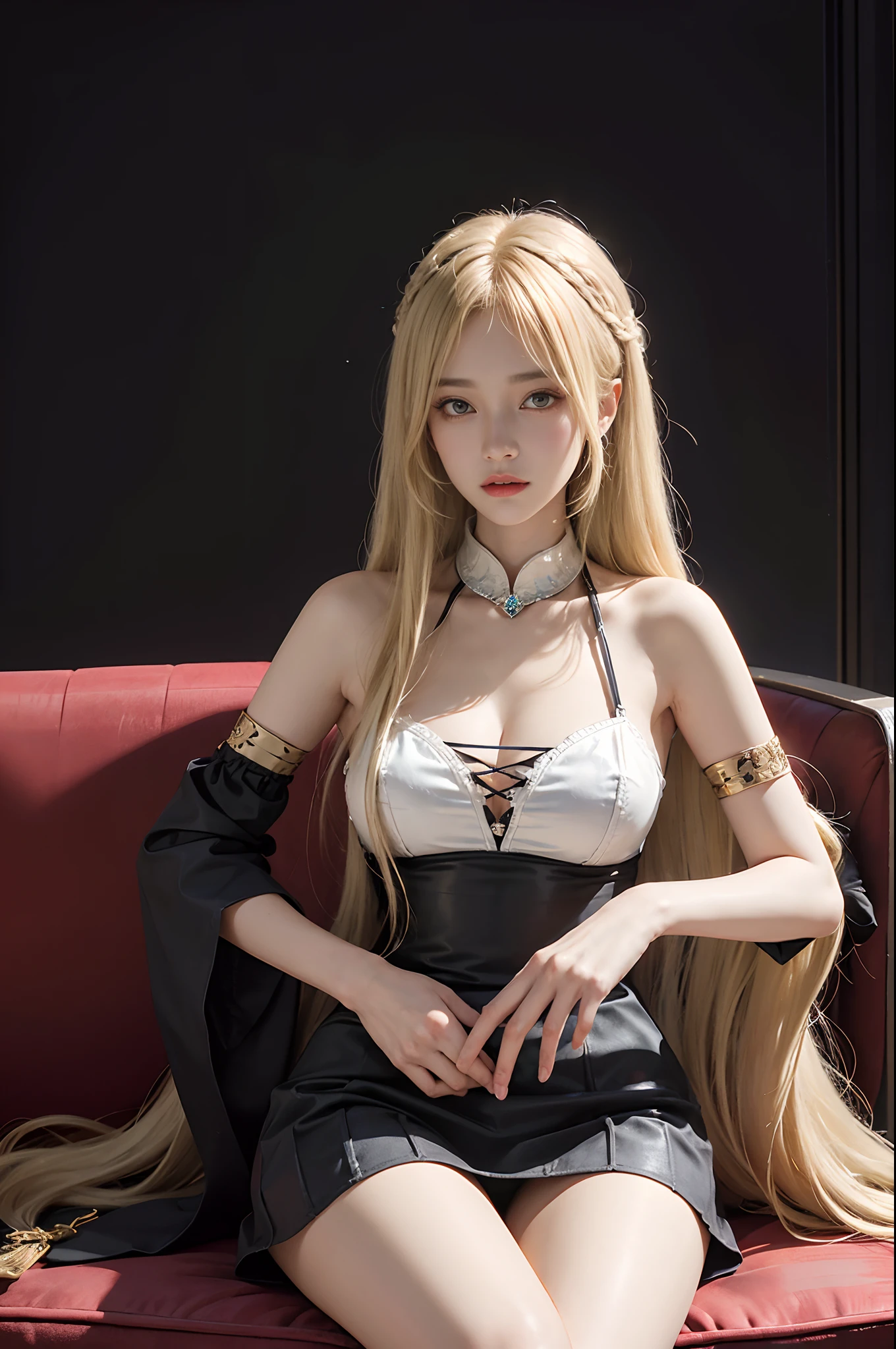 Surrealist portraits of women by David Hockney and Alphonse Mucha,((Royal sofa)),sitting in the couch、Fantasyart,((Blonde hair with double tail hair))、photographrealistic,动态照明,art stations,poster for,Volumetriclighting,extra detailed face, Contains diamonds,slender leg,1 rapariga, In the dark, deepshadow, low tune, Cowboy shot,(official outfit:1.4), The eyes are confused and seductive, Cross ed leg, whitesweater, cropped shoulders, black short skirt