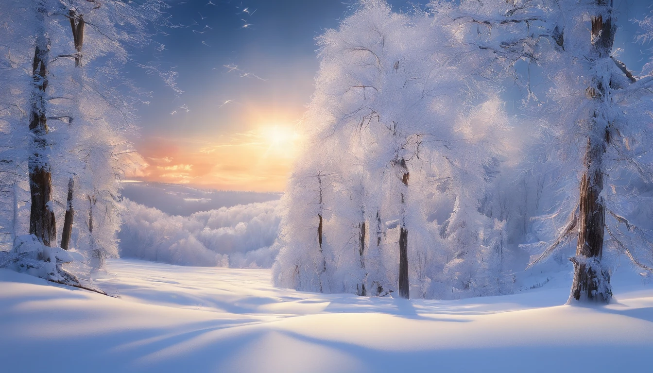 at winter season,Oyuki,snow landscape,Rime,rays of sunshine,thin fog,Dingdall effect,super-fine,tmasterpiece,8K,depth of fields,ultra - detailed,Meticulous portrayal,Ultra photo realsisim,Hyper-realistic