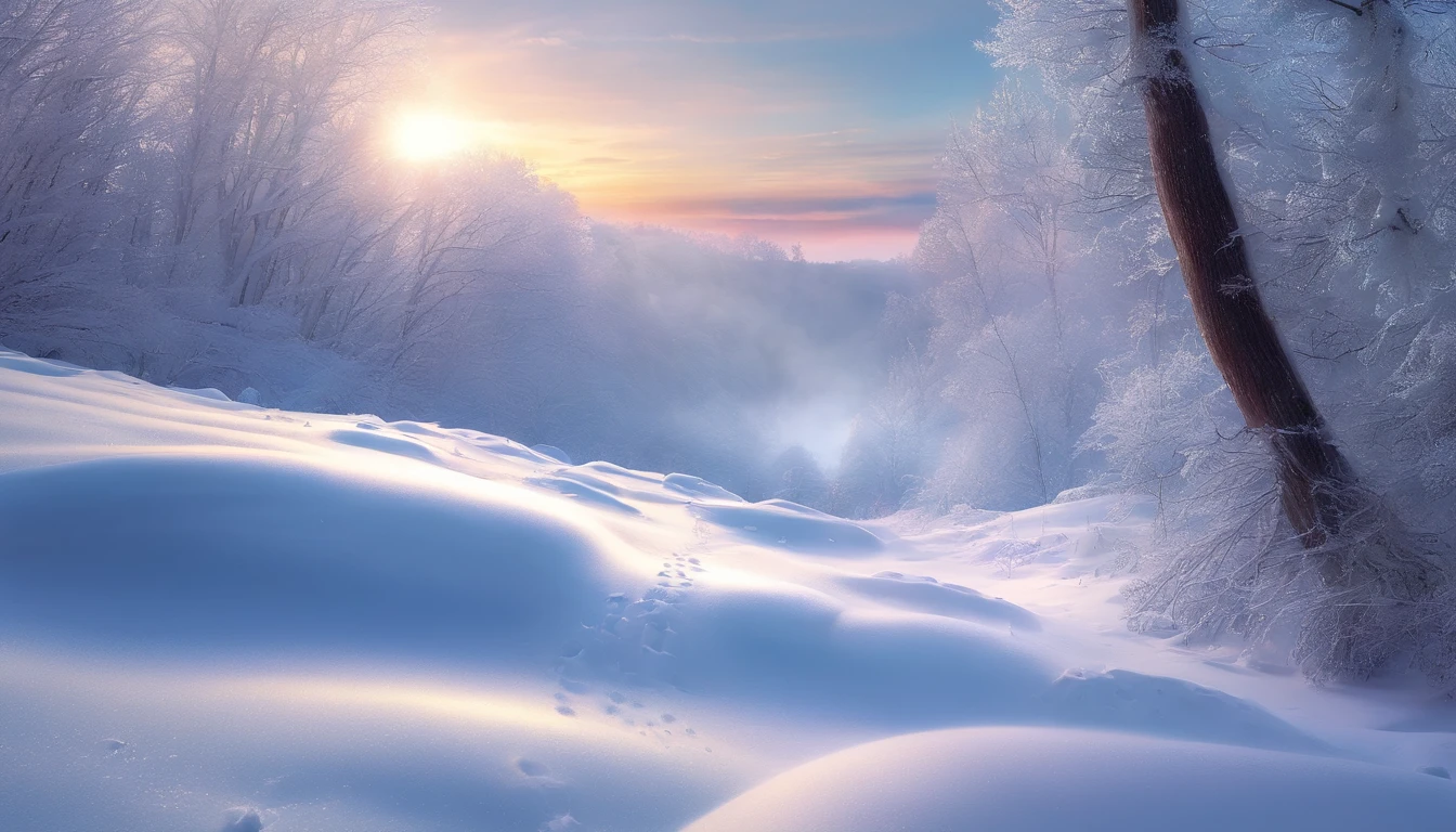at winter season，Oyuki，snow landscape，Rime，rays of sunshine，thin fog，Dingdall effect，super-fine，tmasterpiece，8K，depth of fields，ultra - detailed，Meticulous portrayal，Ultra photo realsisim，Hyper-realistic