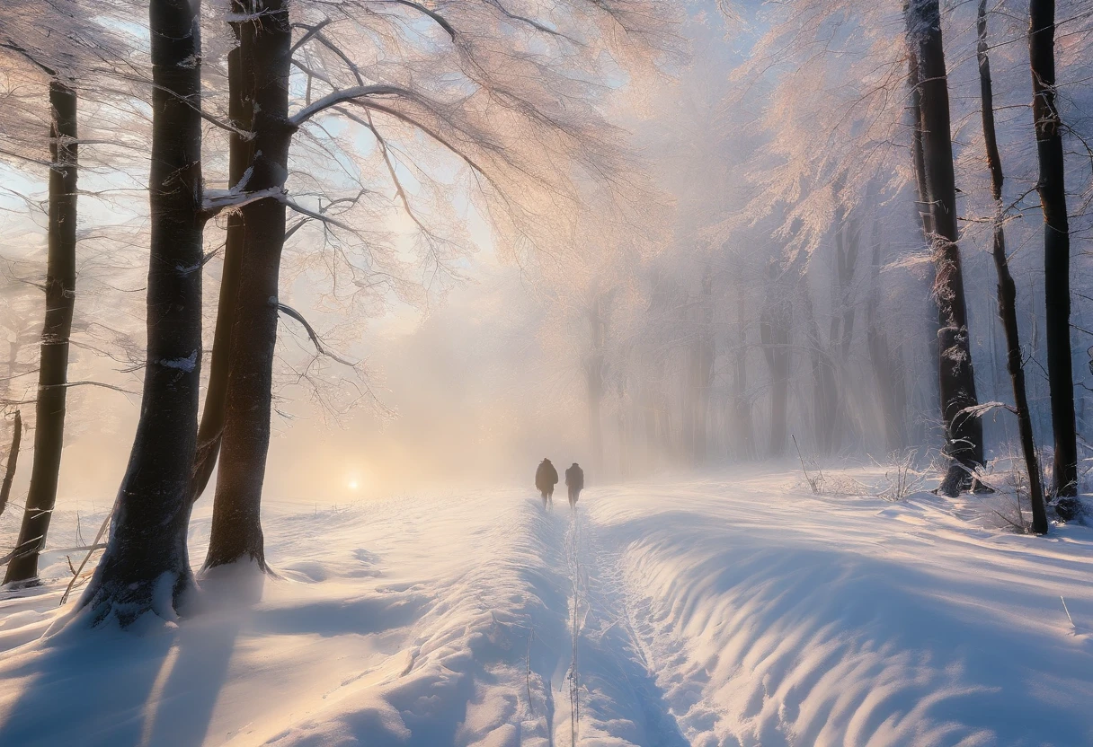 at winter season,Oyuki,snow landscape,Rime,rays of sunshine,thin fog,Dingdall effect,super-fine,tmasterpiece,8K,depth of fields,ultra - detailed,Meticulous portrayal,Ultra photo realsisim,Hyper-realistic