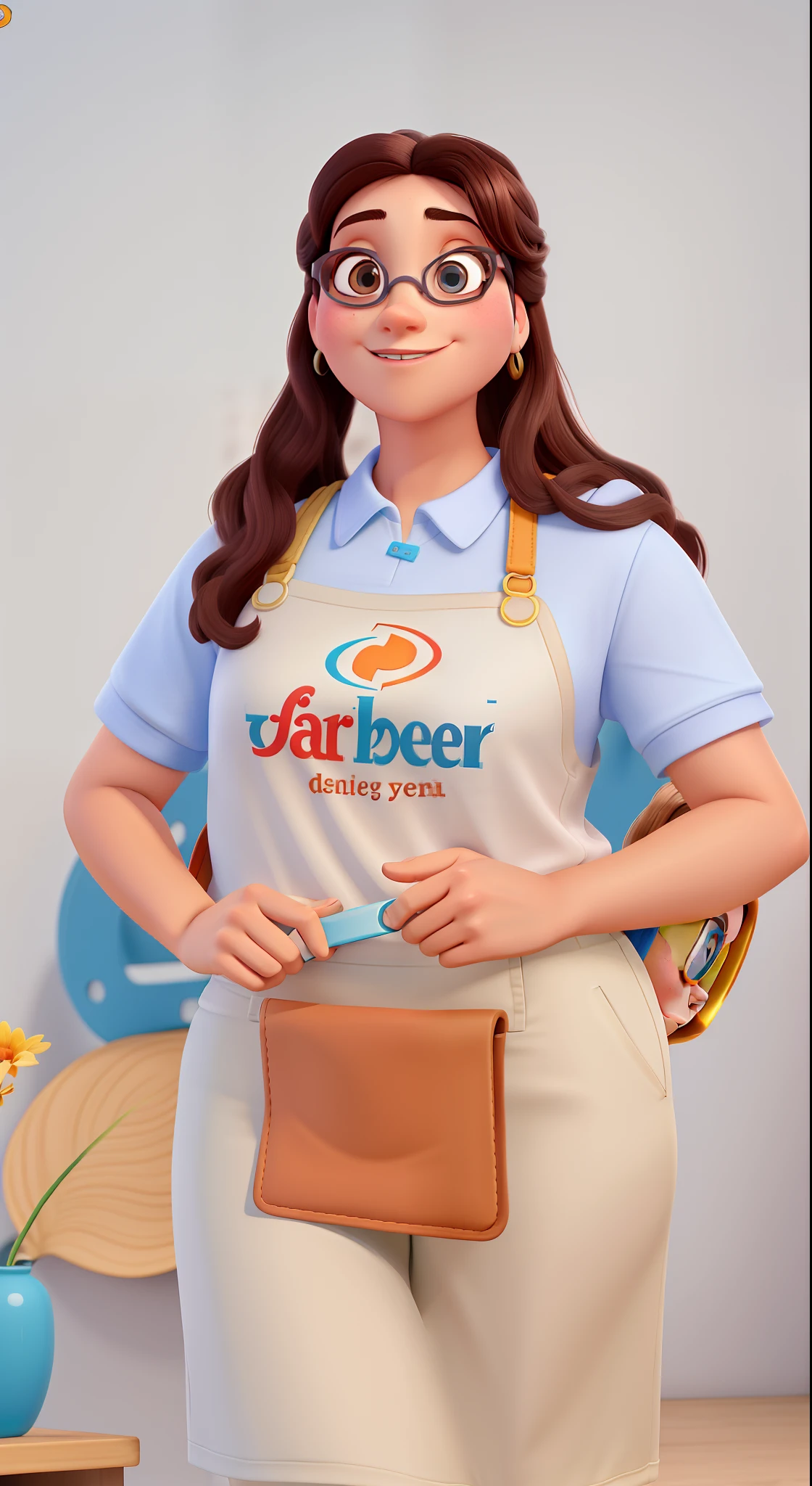 Uma mulher branca vestindo um avental por cima de uma camiseta cinza, wearing goggles, estilo disney pixar, alta qualidade, melhor qualidade