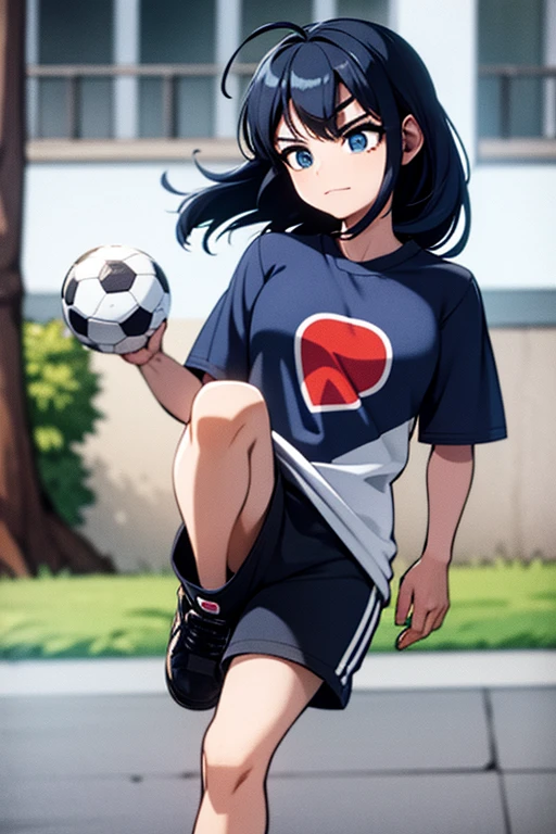 A blue haired girl with blue eyes is playing soccer
