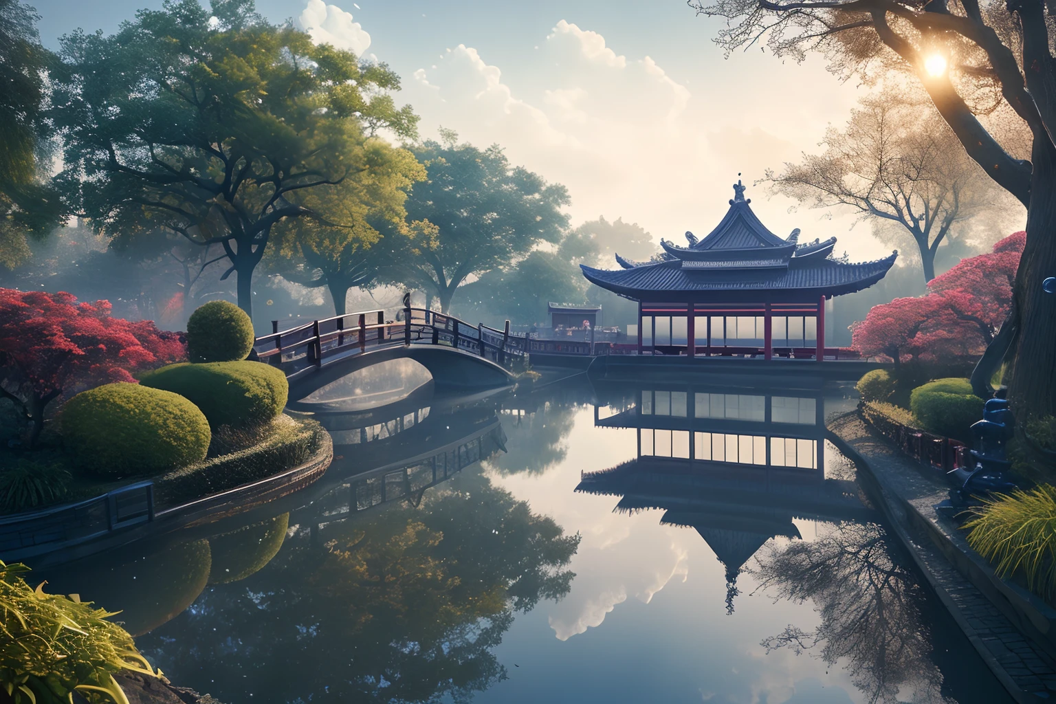 Masterpiece, Best quality, High quality, Extremely detailed Cg Unity 8K wallpaper, chinese classic garden, scenery, amsterdam, winter,((nevando)),Outdoors, sky, day, landscape, water, tree, Blue sky, waterfallr, Nature, Lake, River, Cloudy sky,award winning photography, Bokeh, Depth of field, hdr, full bloom, color difference ,Photorealistic,Extremely detailed, trending on artstationh, trending on CGSociety, Intricate, High detail, Dramatic, art by midjourney