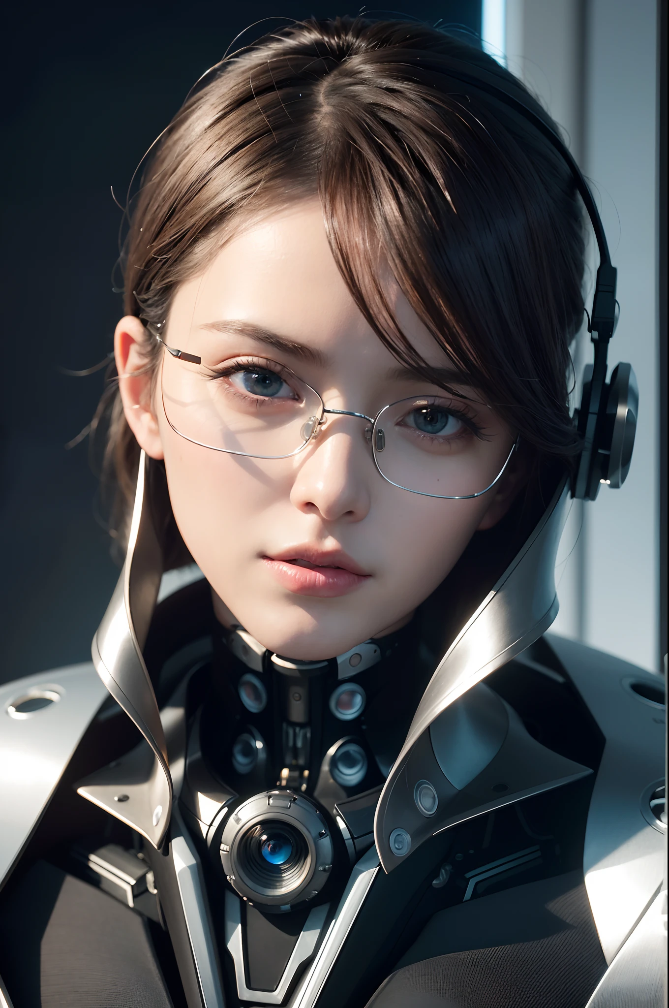 complex 3d render ultra detailed of a beautiful glasses profile woman android face, cyborg, robotic parts, 150 mm, beautiful studio soft light, rim light, vibrant details, luxurious cyberpunk, lace, hyperrealistic, anatomical, facial muscles, cable electric wires, microchip, elegant, beautiful background, octane render, H. R. Giger style, 8k, best quality, masterpiece, illustration, an extremely delicate and beautiful, extremely detailed ,CG ,unity ,wallpaper, (realistic, photo-realistic:1.37),Amazing, finely detail, masterpiece,best quality,official art, extremely detailed CG unity 8k wallpaper, absurdres, incredibly absurdres, robot, silver halmet, full body, sitting,
