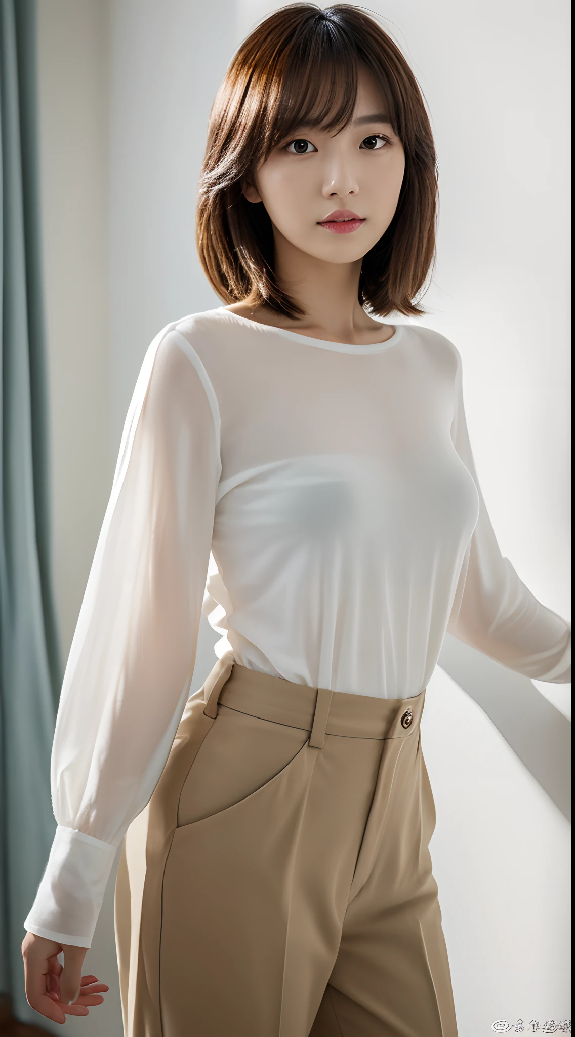 ((masterpiece,top-quality)), (photographrealistic:1.4),((masutepiece,8K)),hight resolution,Studio Soft Light, Rim Lights, vibrant detail, realistic skin textures,Japanese, 1 beautiful woman, bob Hair, faint thin bangs, make - up, 34 years old, Detailed skin, long-sleeve tunic blouse, wide-leg pants, Standing, White background, White Room,white walls, fully body photolooking at viewer