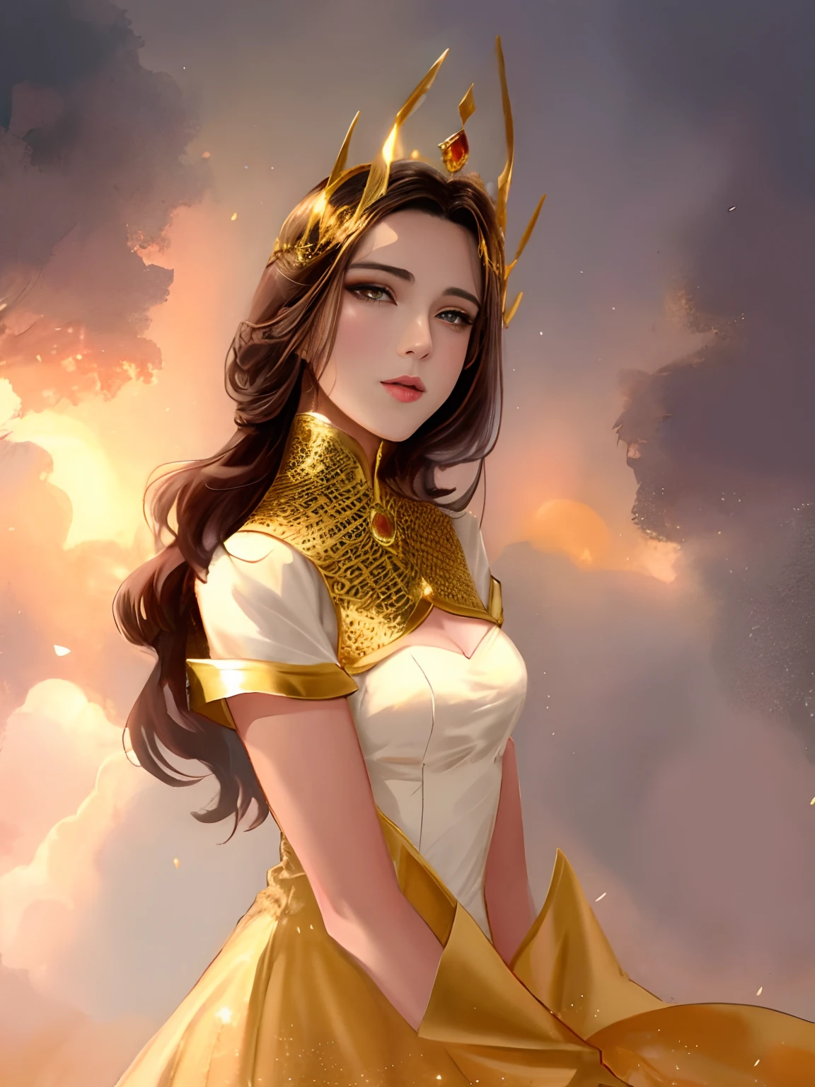 a drawing of a dark haired woman in a golden dress with a crown, fantasy drawing, majestic complex fantasy character, queen with amber eyes