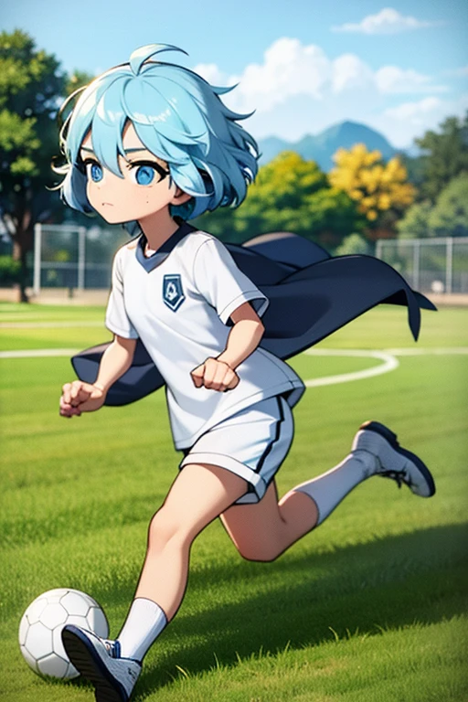 A light blue haired girl with blue eyes is playing soccer