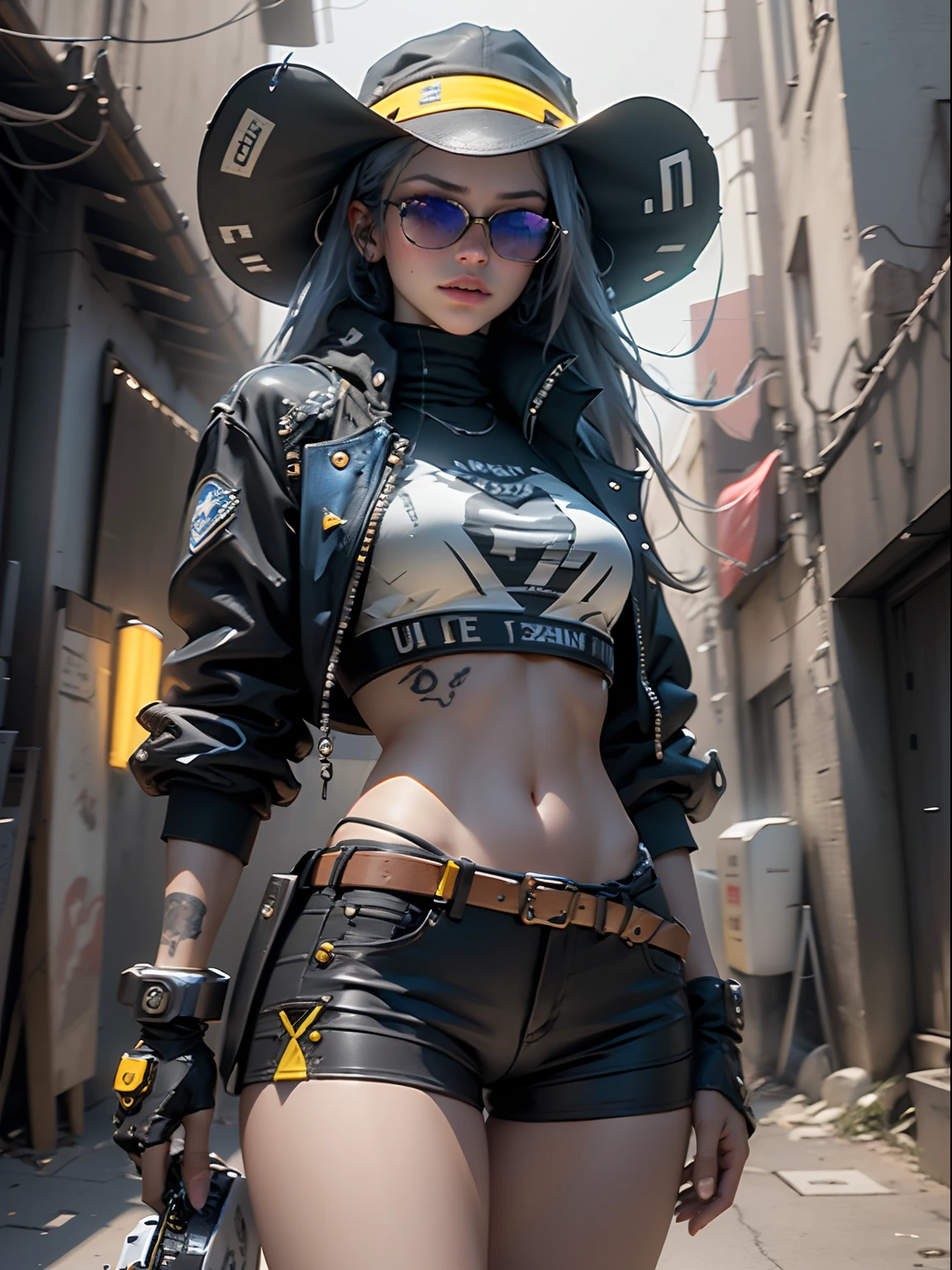 Highest image quality,Outstanding details,超高分辨率,(Fidelity:1.4),The best illustration,Favor the details,Highly cohesive 1girl,He has a delicate and beautiful face,Put on a sexy police uniform,Beauty in the hair,wearing hat,Cyberpunk-style police uniform,The background is a high-tech lighting scene in the future city,(Highly detailed body,Highly detailed face,Best quality at best:1.4),Very sexy,looki at viewer,(Black suspender stockings:1.2,Super sexy and good:1.5),(police uniforms:1.5)(tit:1.02)(cyberpunk backgrouns),1080,tmasterpiece,