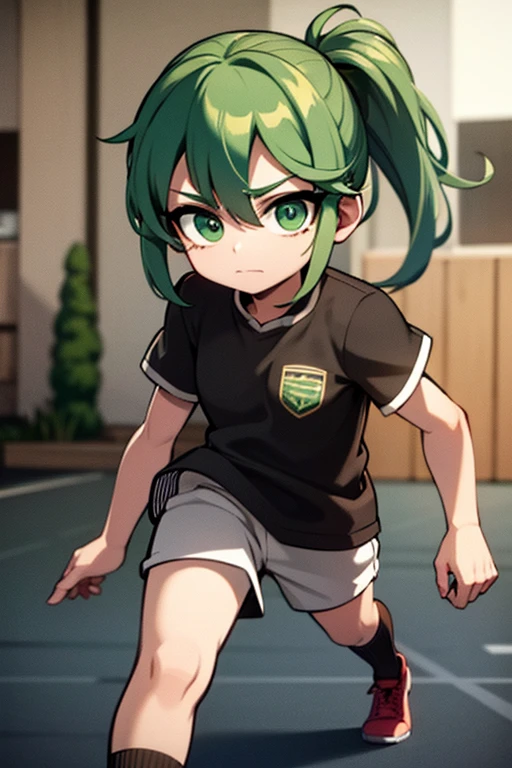 A light green haired girl with green eyes is playing soccer