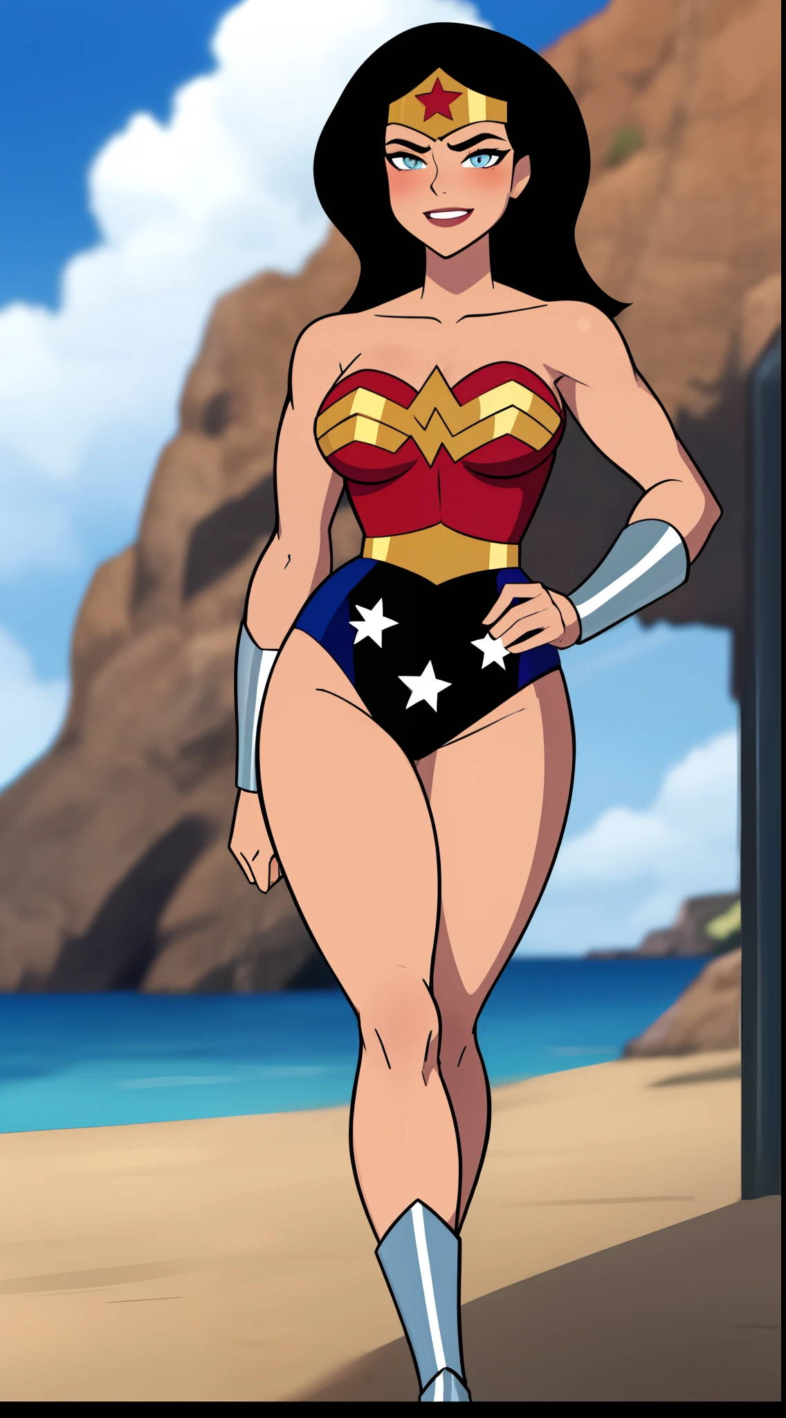 Wonderwomanfit, cabelos muito longos, cabelos pretos, cabelo entre os olhos, Olhos azuis, Wonderwoman, roupas brilhantes, impossible bodysuit, Pele apertada, bodysuit estrelado, Olhando para o Viewer sorrindo, (blush vermelho,irritado:1.2),(pernas musculosas:1.3), (heroic pose). (She's walking around the beach)