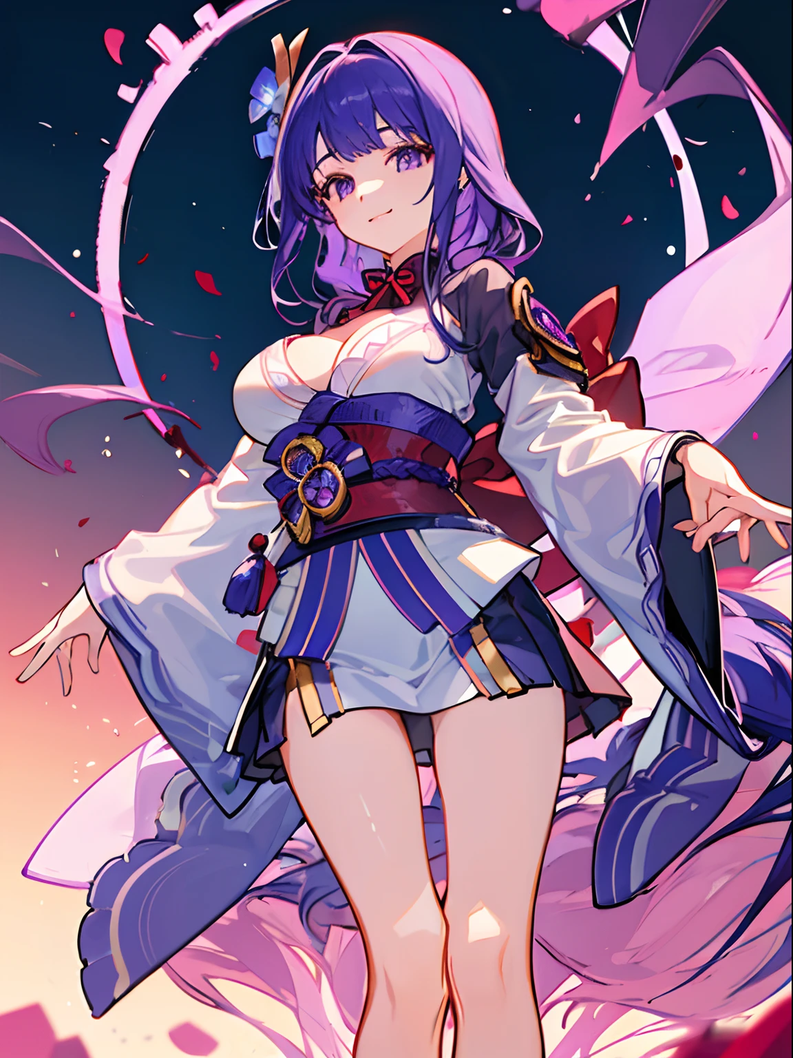 Illustration,, extremely detailed CG unity 8k wallpaper, UHD, retina, masterpiece, accurate, anatomically correct, super detail, high details, high quality, award winning, best quality, highres, good anatomy, 1080P, HD, 4K, 8k, 16k, 1girl, dynamic pose, androgynous, detailed eyes, detailed clothes, detailed hair, rendering, strands of hair, cute waifu, raidenshogunrnd, long purple hair, parted bangs, upper body, big breast, breast window, japanese clothes, micro skirt, bare legs, jumping, smiling, laughing, having a good, time, young women
