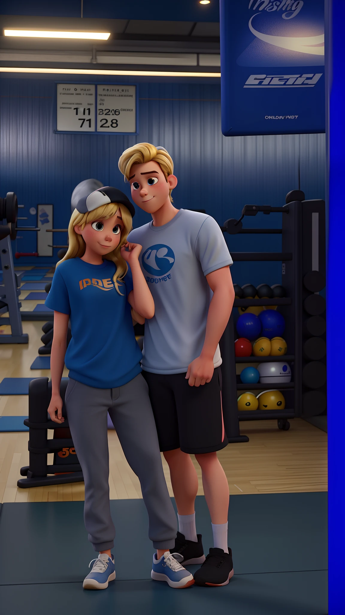 High Quality Pixar Style Couple in Gym with High Resolution Blonde Boy's Hair