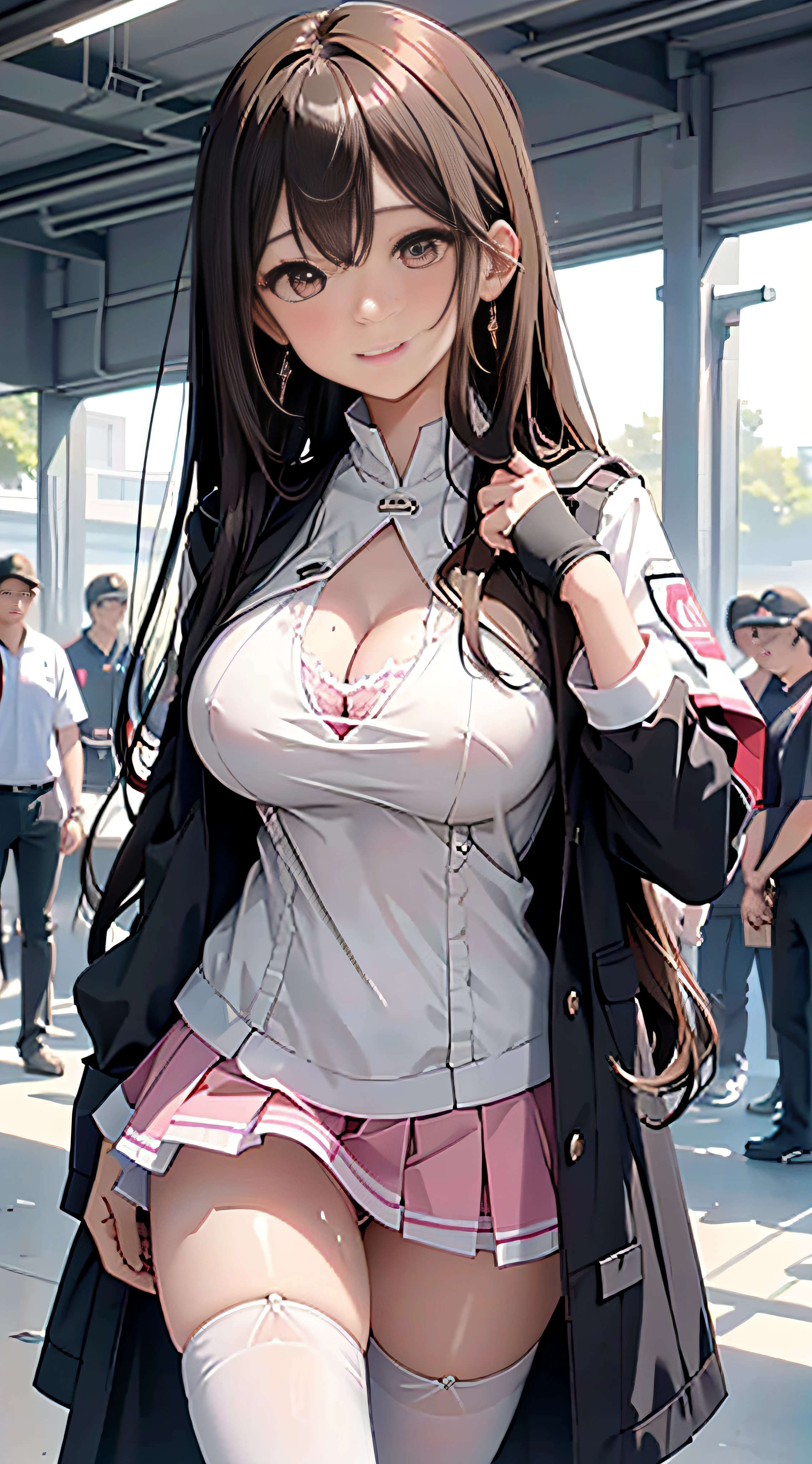a 20 yo woman、Wet dress、large full breasts、biomechanical oppai, oppai proportions, Shy smile、 knee high stockings, Adult Woman, (cum in vaginas:1.3), Long Wave Hair、dark brown hair, a miniskirt, (shiny skins), Brown-eyed, Kamimei、Long Wave Hair、puffies、Stockings、up skirt、Puffy hips、Large earrings、a necklace、 (Stand in a motorsport race)+, sexy hips、Kamimei、Chest opening、Chest Emphasis Pose、a pale pink panty、Light pink lace bra