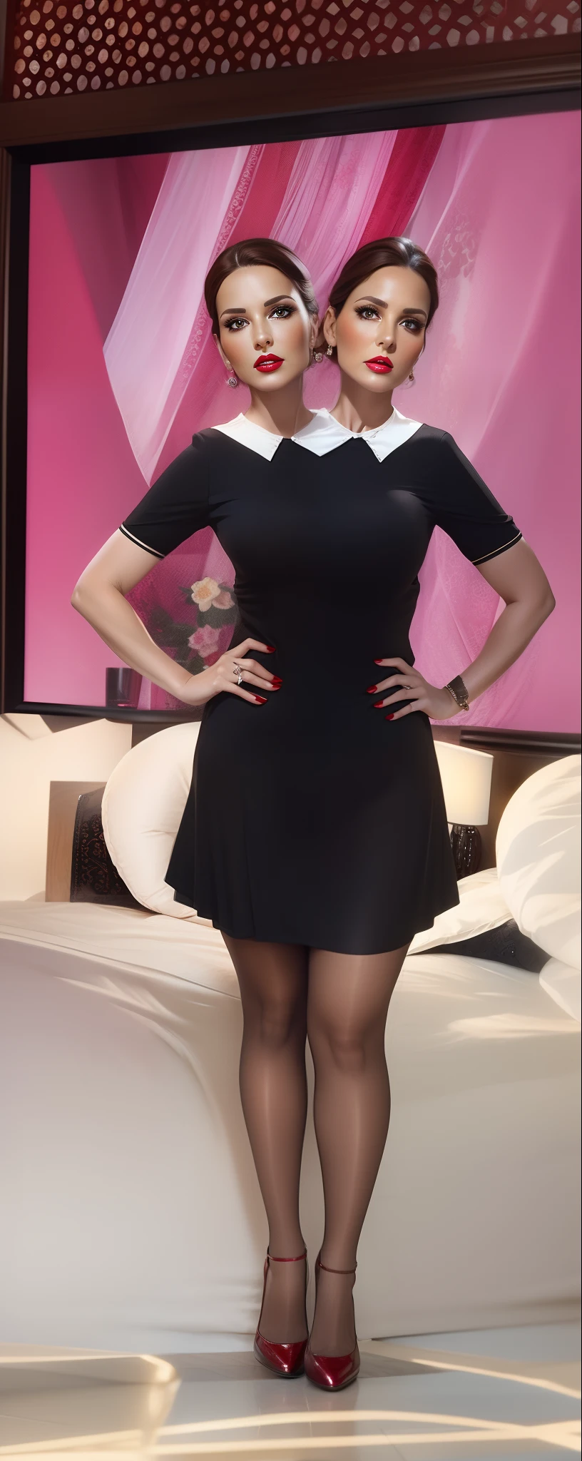 2 heads,Portrait of a 40-year-old woman with brown hair, a captivating gaze, Brown eyes, Wrinkles on her face, Black pantyhose,She wears very sexy lingerie that reveals her big sagging breasts, Light makeup and red lips. 32K