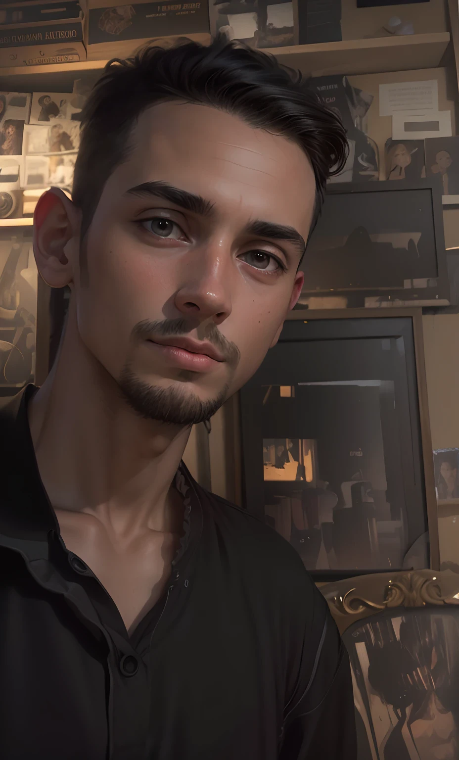 best quality, ultra high res, (photorealistic:1.4), masterpiece, blurry background,indoors,1boy,standing ,(looking at viewer), black shirt,