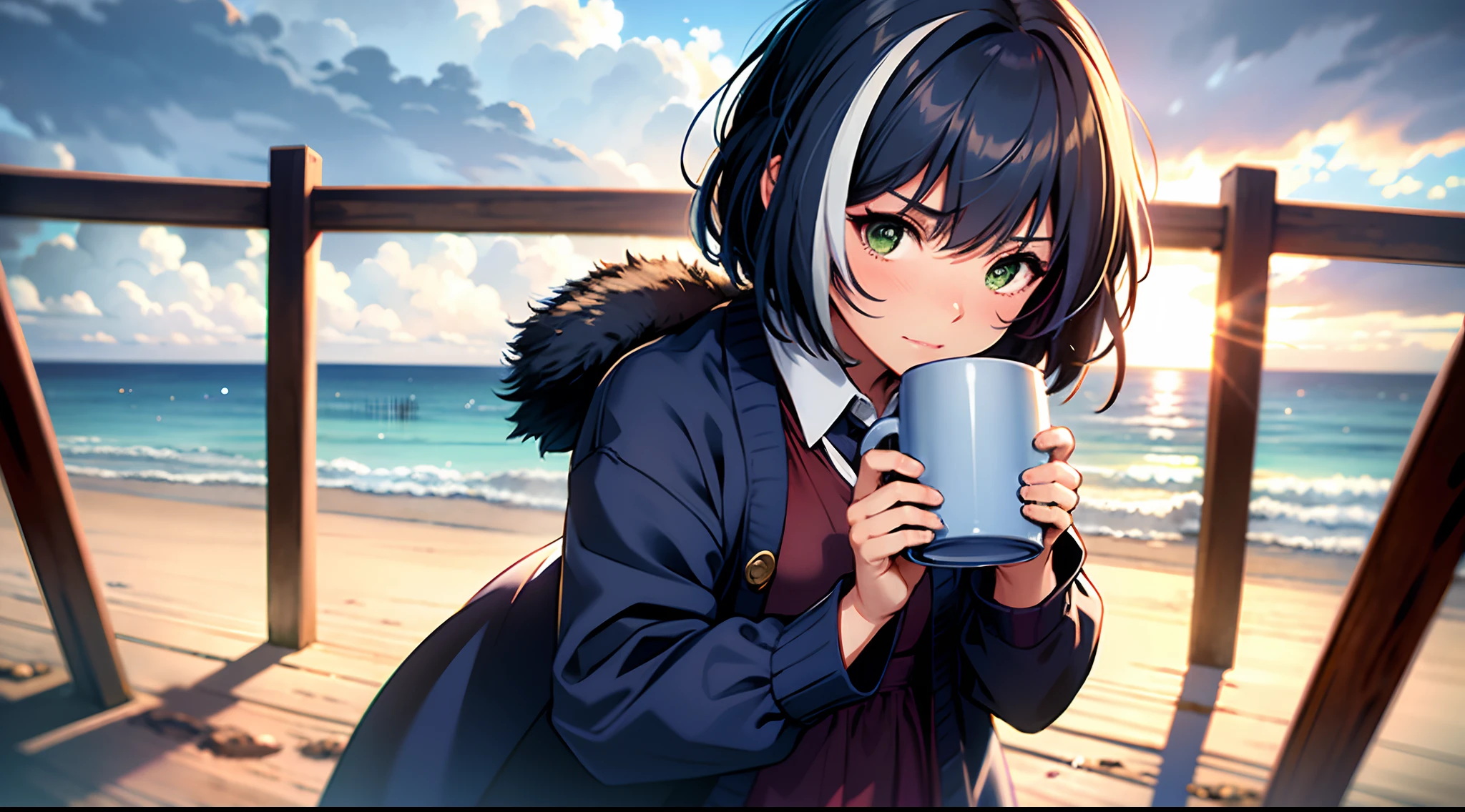 (8k, RAW photo, best quality, masterpiece:1.2), (realistic, photo realistic:1.4),(high resolution), (ultra-detailed), (best shadow),(detailed face:1.4), realistic skin texture, natural blurry, professional lighting, (soft saturation:1.3), professional portrait photography
BREAK
japanese girl,cute, (cowboyshot:1), short hair, (fair skin:1.4, soft skin), (slender),((flat chest)),beaming,
BREAK
((long sleeve collared dress)),(navy blue cardigan),(holding a mug cup:1.2),lean against the wooden fence,windy,beach,sea,cloudy,gray sky,winter sky,horizon sea