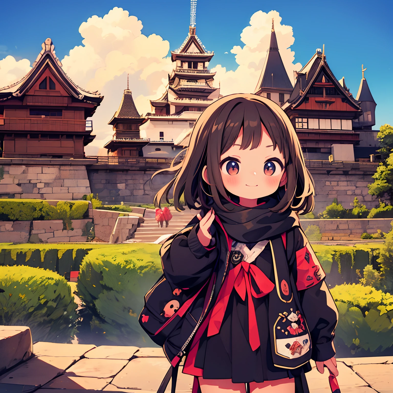 sightseeing in Kumamoto、Pretty girl、happily face、Kumamoto Castle、Kumamon、Brown skin、masterpiece、top-quality、Top image quality
