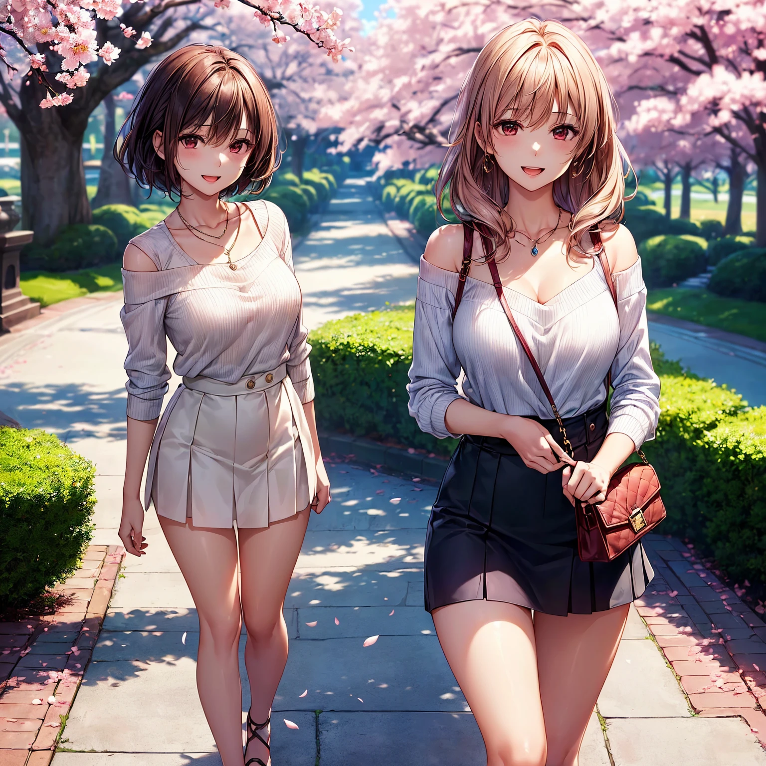 (top-quality、masterpiece、very high res、An ultra-high picture quality、High quality pixels)、(She is a woman of perfect and ultimate beauty, and she is 18 years old,1 person,Single,独奏:1.5)、(She is a very beautiful woman with a beautiful face)、(Beautiful face written in detail,Beautiful body,Beautiful hair,Beautiful skin texture)、(Beautiful hair quality,Variety of hairstyles)、(She has a slender figure and her breasts are F cups:1.5)、(Beautiful smile,Smile, Open mouth,),(Sweaters,Plaid pleated skirt,1 diamond necklace,1 handbag,Clothes with exposed shoulders,There is a valley),(A path lined with flourishing cherry blossom trees,Cherry blossoms in full bloom),(Model Pose,modelshoot,Magazine shooting),The wind is blowing、Beautiful Art Style, an animated character、(The whole picture、Detailed picture、accurate anatomy、Defect-free images、extremely detailed picture、Accurate images、Perfect Image 1.5)、(Best Shot Photo 1.2)