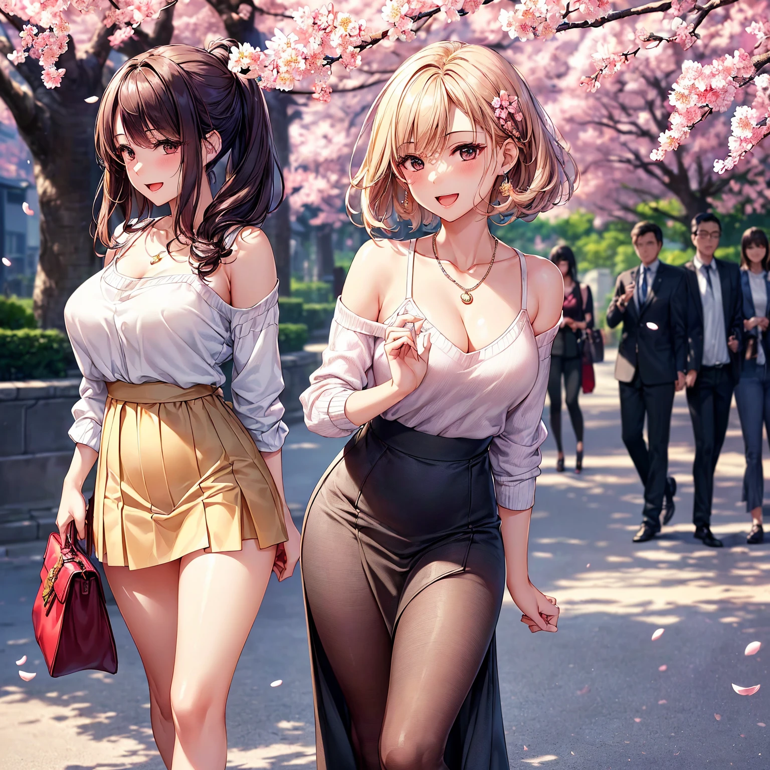 (top-quality、masterpiece、very high res、An ultra-high picture quality、High quality pixels)、(She is a woman of perfect and ultimate beauty, and she is 18 years old,1 person,Single,独奏:1.5)、(She is a very beautiful woman with a beautiful face)、(Beautiful face written in detail,Beautiful body,Beautiful hair,Beautiful skin texture)、(Beautiful hair quality,Variety of hairstyles)、(She has a slender figure and her breasts are F cups)、(Beautiful smile,Smile, Open mouth,),(Sweaters,pleatedskirt,1 diamond necklace,1 handbag,Shoulders are exposed),(A path lined with flourishing cherry blossom trees,Cherry blossoms in full bloom),(Model Pose,modelshoot,Magazine shooting),The wind is blowing、Beautiful Art Style, an animated character、(The whole picture、Detailed picture、accurate anatomy、Defect-free images、extremely detailed picture、Accurate images、Perfect Image 1.5)、(Best Shot Photo 1.2)