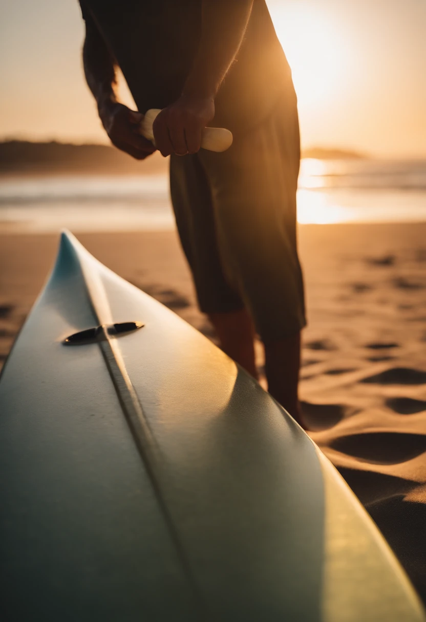 A surfer waxing their surfboard, with the soft golden light of sunrise or sunset casting a warm glow on the board and the surrounding beach
