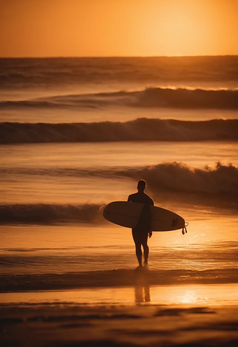 A surfer waxing their surfboard, with the soft golden light of sunrise or sunset casting a warm glow on the board and the surrounding beach