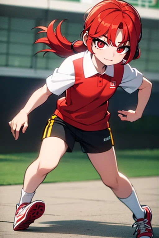 A red haired girl with red eyes is playing soccer