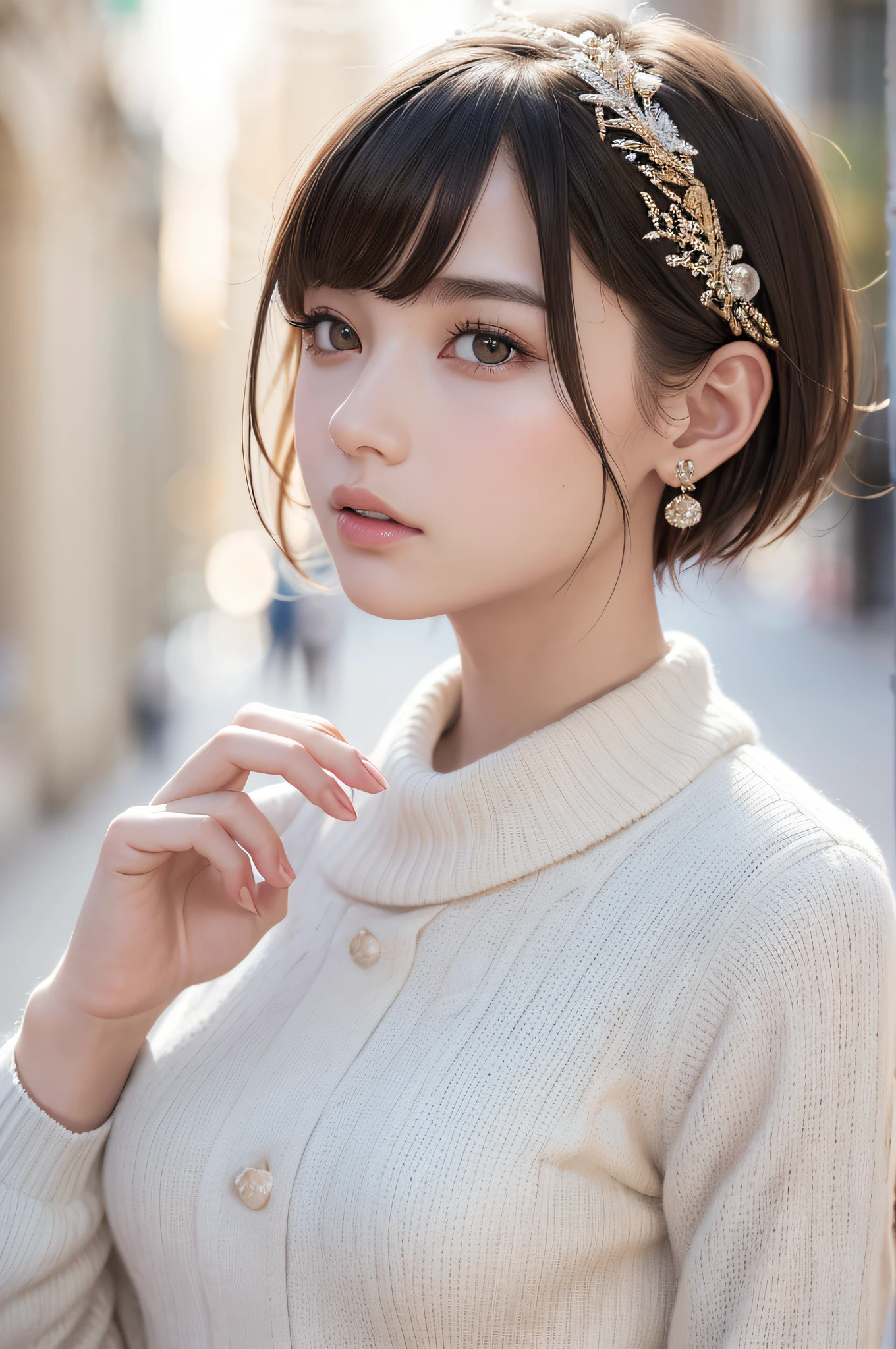 (8k, RAW photos, top quality, masterpiece: 1.2), ultra detailed, super resolution, (real, real photos: 1.37), portraits, high definition RAW color photos, professional photos, very detailed and beautiful, highly detailed, 8k wallpapers, amazing details, huge file size, official art, highly detailed CG Unity 8k wallpapers, highly detailed beautiful girls, highly detailed faces, Highly Detailed Eyes, Highly Detailed Skin, Highly Detailed Fingers, Very Detailed Nose, Highly Detailed Detailed Mouth, Perfect Anatomy, Detailed Background, Detailed Clothes, One Girl, (20:1.2), 20s, Cute Girl, Realistic Body, Petite, White Skin, Radiant Skin, Slim Body, Black Hair, Short Hair, (Blunt Bangs: 1.2), Cute, Youthful, Pretty Face, Realistic Face, Delicate Eyes, Sale Eyes, ( (Fashionable winter clothes)), ((Up)), ((((Short hair)))), Earrings, Looking at the camera, Cowboy shot, Facing Front, Standing Posture, Contrapposto, Dynamic Lighting, C Cup Breasts,