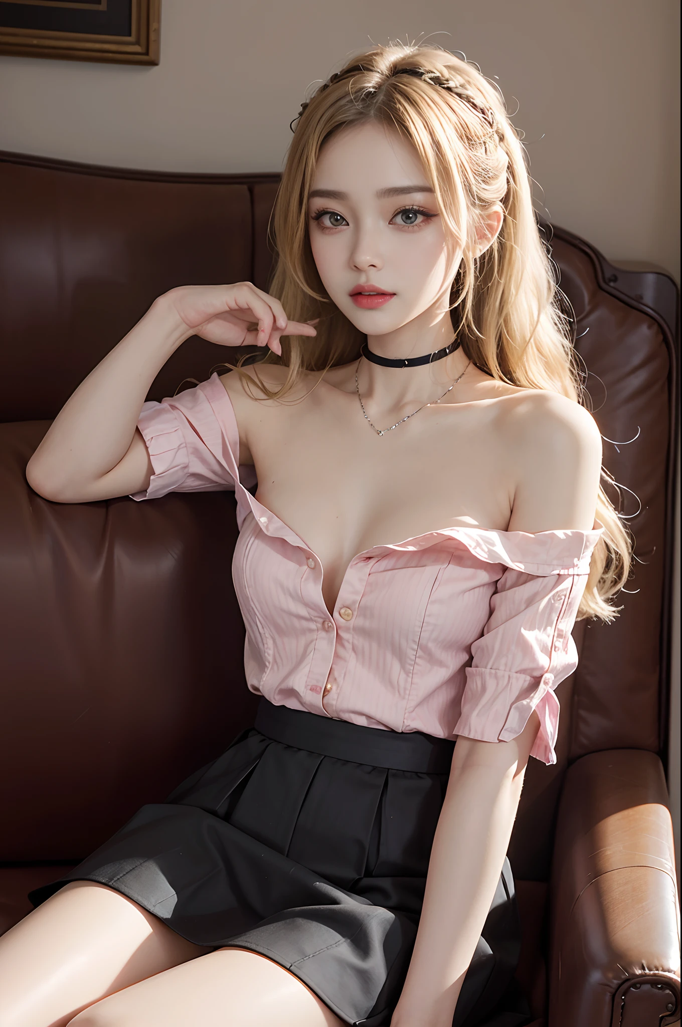 ((cowboy shot)), Shooting from a frontal perspective, Asian model, 20yr old, Royal sofa, sitting in the couch, Cross ed leg, posing elegantly, grin, Blonde hair, curlies, Long messy hair, Pink shirt, cropped shoulders, black short skirt, Close up, warm lights, a warm color palette, tmasterpiece, best qualtiy, offcial art, rich details, Clear face, Professional lighting, フォトンマッピング, ラジオシティ, Physically-based rendering, 耳Nipple Ring, choker necklace, light make-up