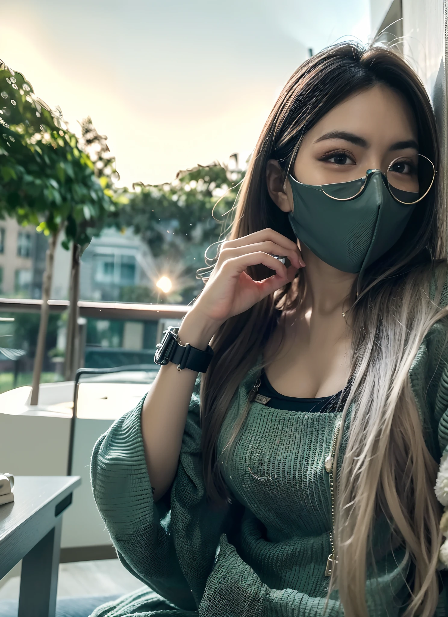 a woman wearing a mask and glasses talking on a cell phone, wearing facemask and sunglasses, profile pic, wearing mask, green facemask, wearing all black mempo mask, finely masked, profile image, wearing transparent glass mask, 21 years old, wearing a mask, 18 years old, wearing facemask, partially masked, 2 