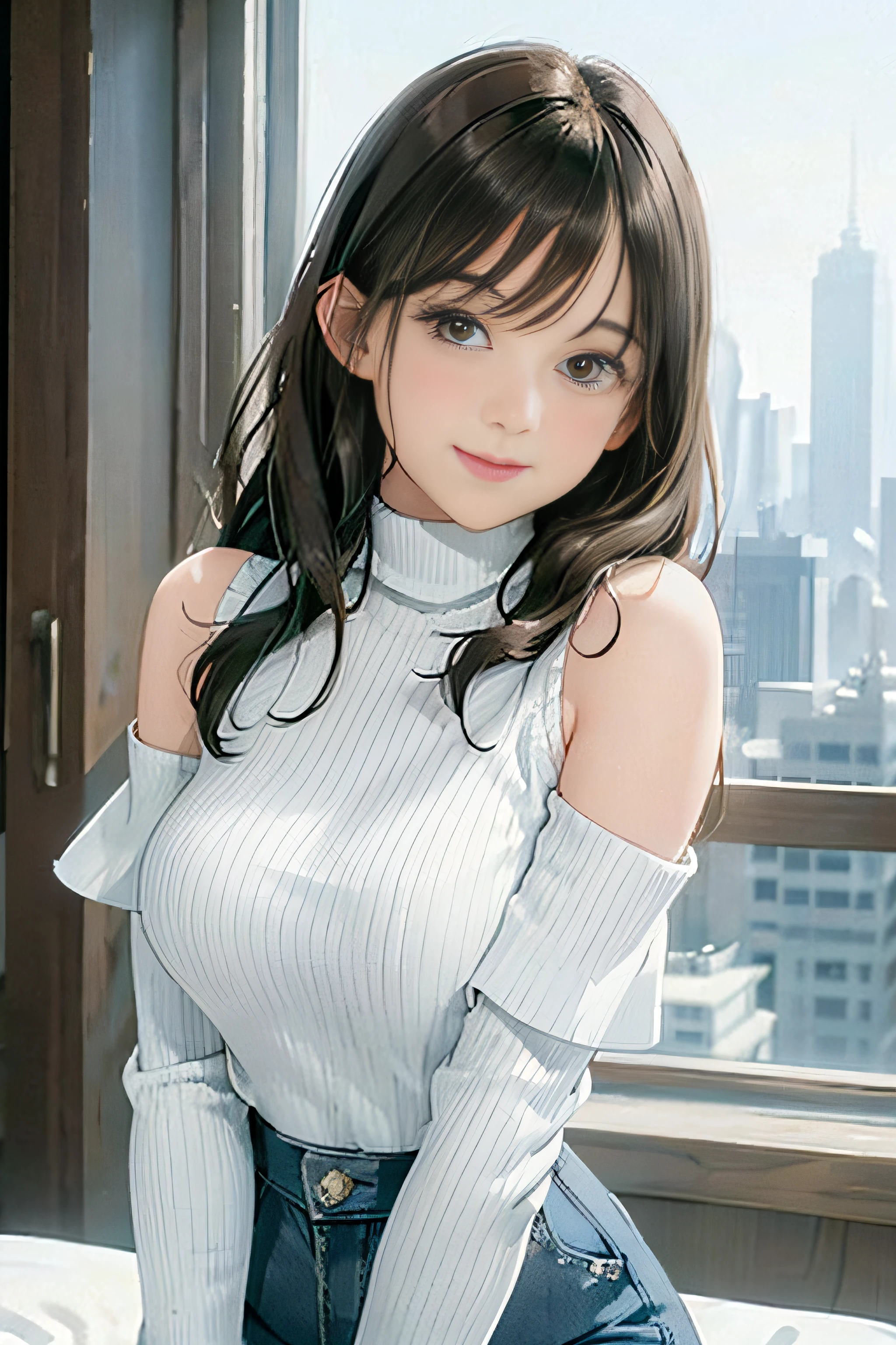 20 year old girl (White Off-Shoulder Turtleneck Blouse), (Tight denim mini skirt), medium chest, Puffy nipple、bending forward、Sexy buttocks、Cityscape, Shy smile, Kamimei、brown-eyed、Wavy long hair、Dark brown hair、 (Perfectly detailed face), (Well detailed hands) Photorealistic images.