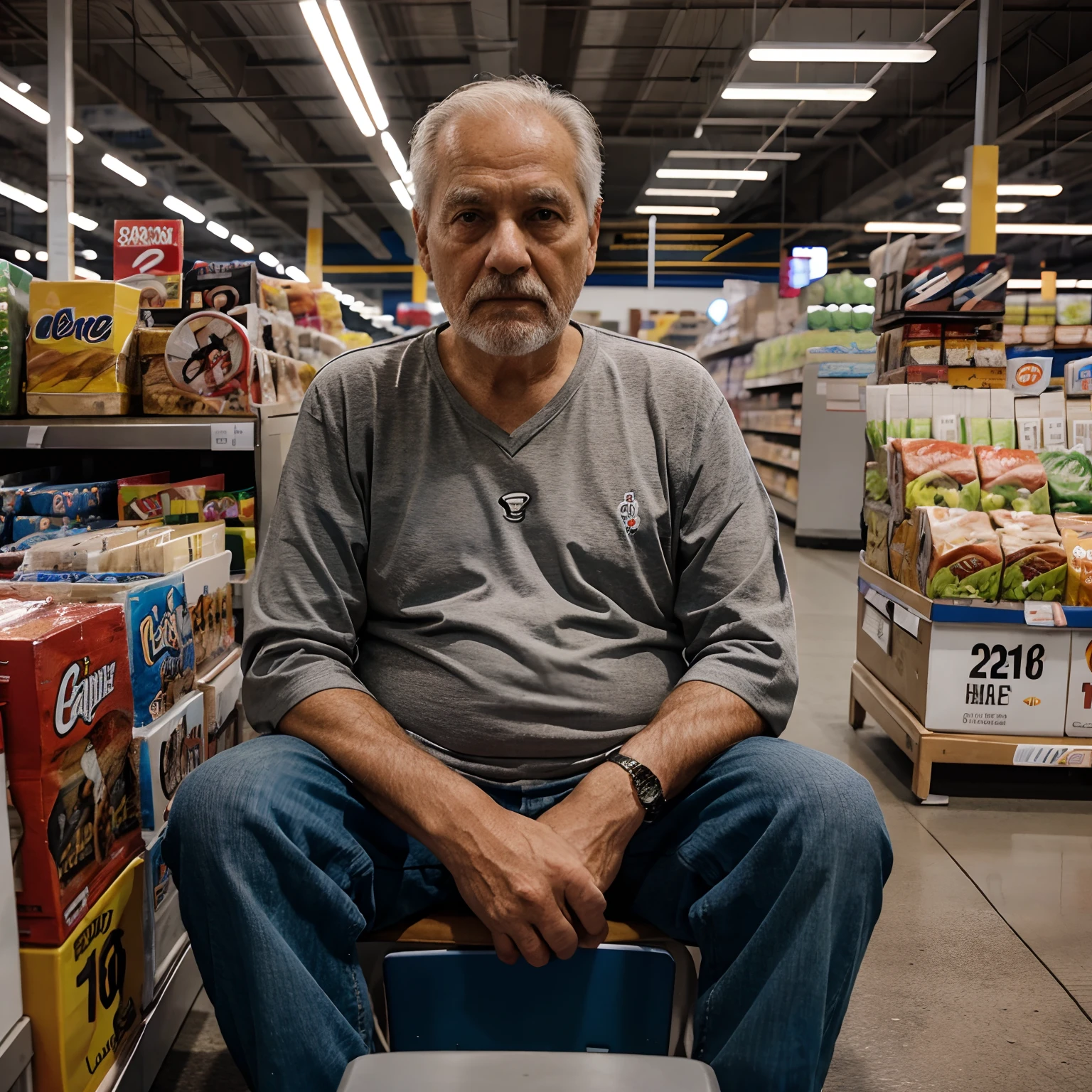 Old man sitting in the distance looking at walmart