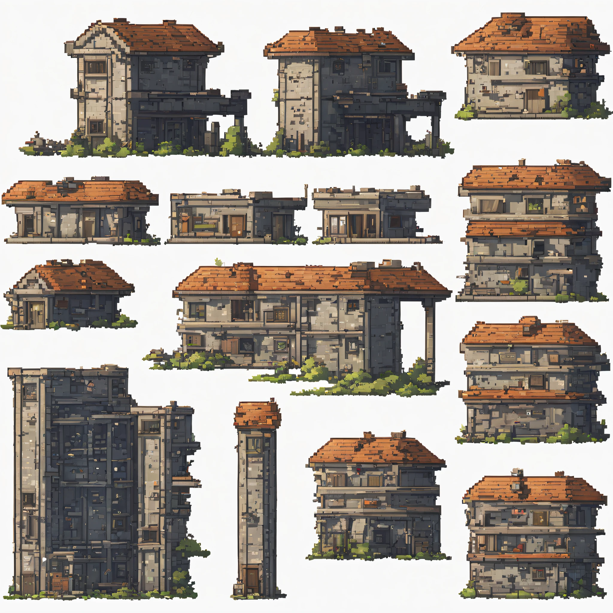 a survival roleplay game assets abandoned building exterrior model spritesheet tiles,close up, right side view, pixel art, white background, hq