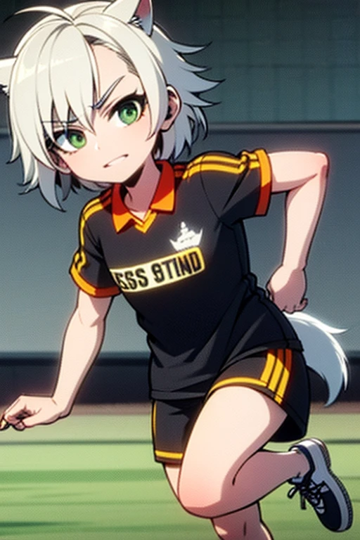 A white haired girl with green eyes has white wolf ears and a white wolf tail is playing soccer